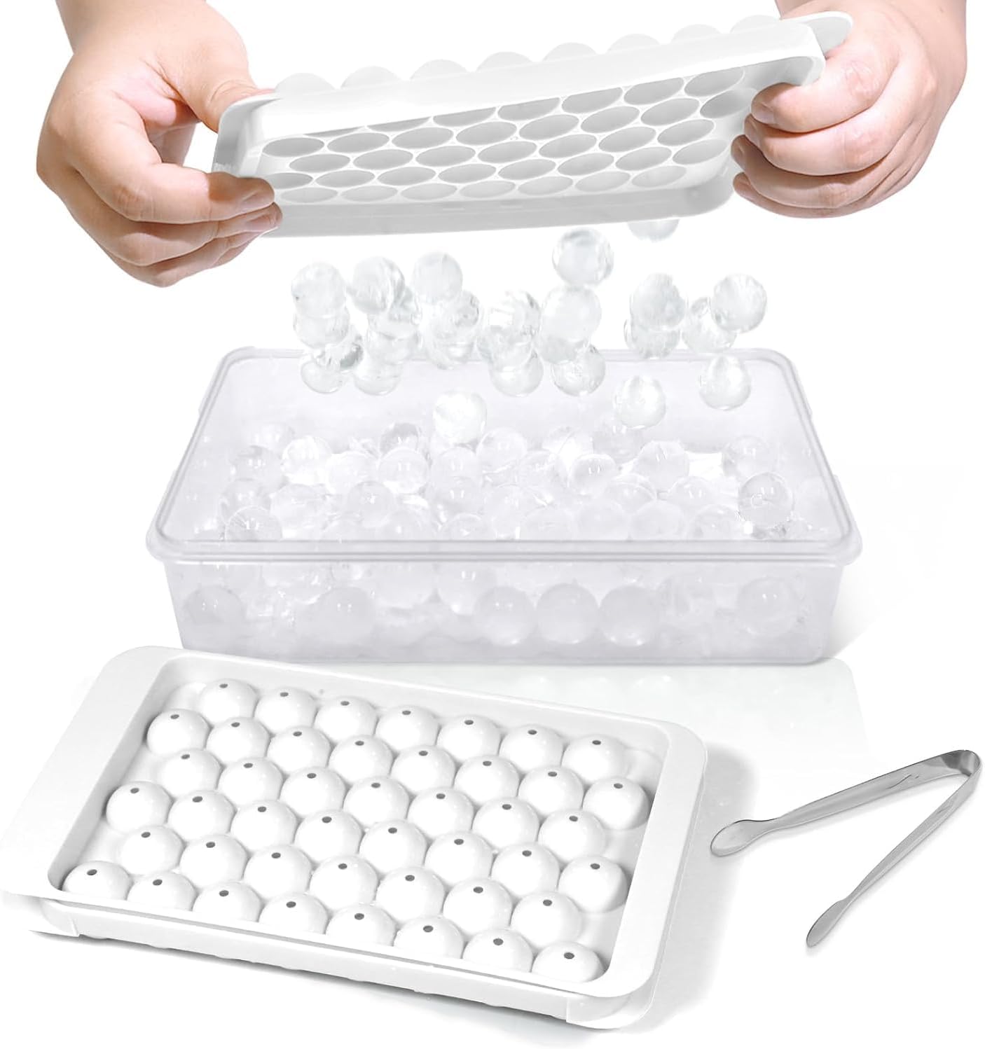 WIBIMEN Ice Cube Tray with Lid and Bin - Round Ice Trays for Freezer with Lid - Ice Cube Trays for Freezer with Ice Container (0.8"-2PACK White)