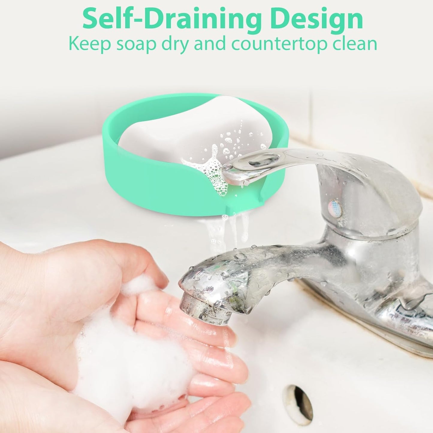 Self Draining Soap Dish, Silicone Suction Cup Soap Holder Tray Savers Container Sponge Holder for Bar Bathroom Shower Kitchen Sink, Can Extend Soap Life (2, Cyan)