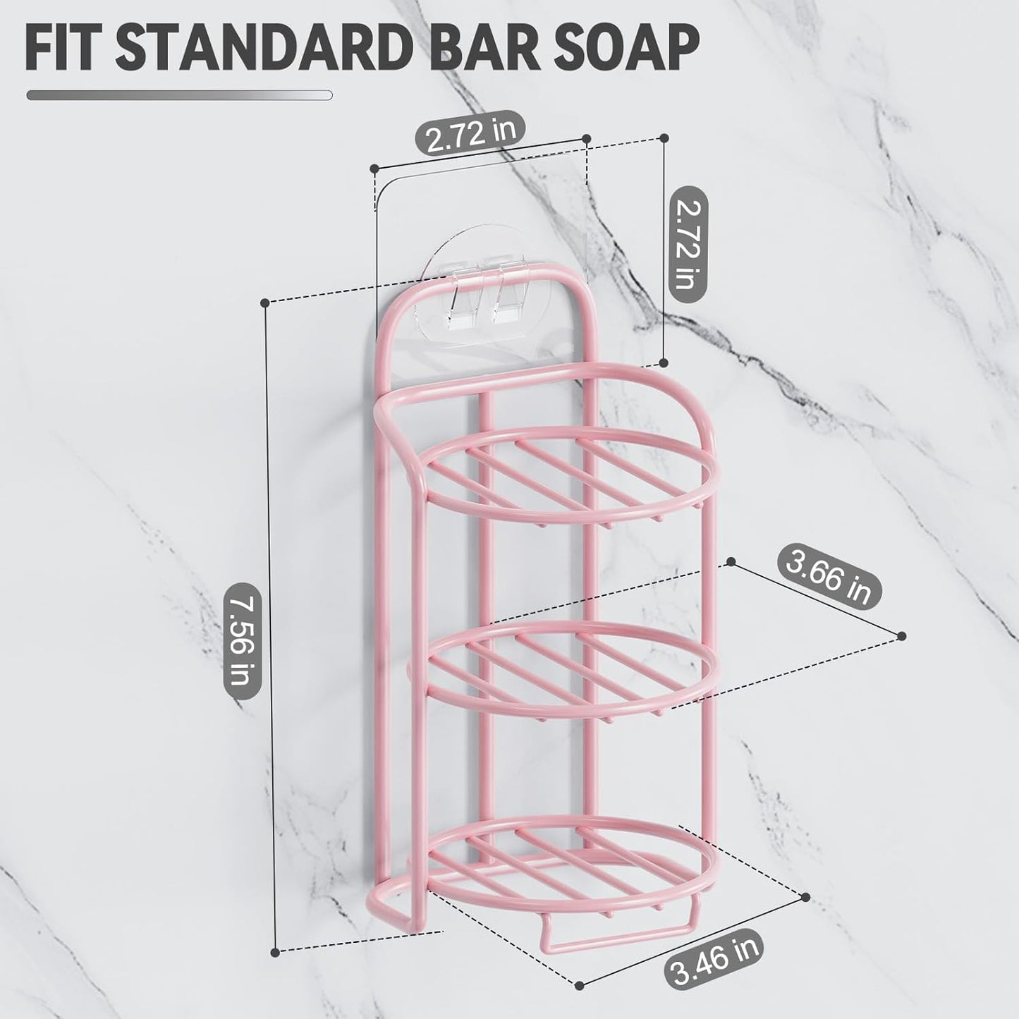 Pink 3-Tier Shower Soap Shampoo Bar Holder, Self Adhesive & Freestanding Draining Soap Dish Caddy for Bathroom Wall Accesories Decor