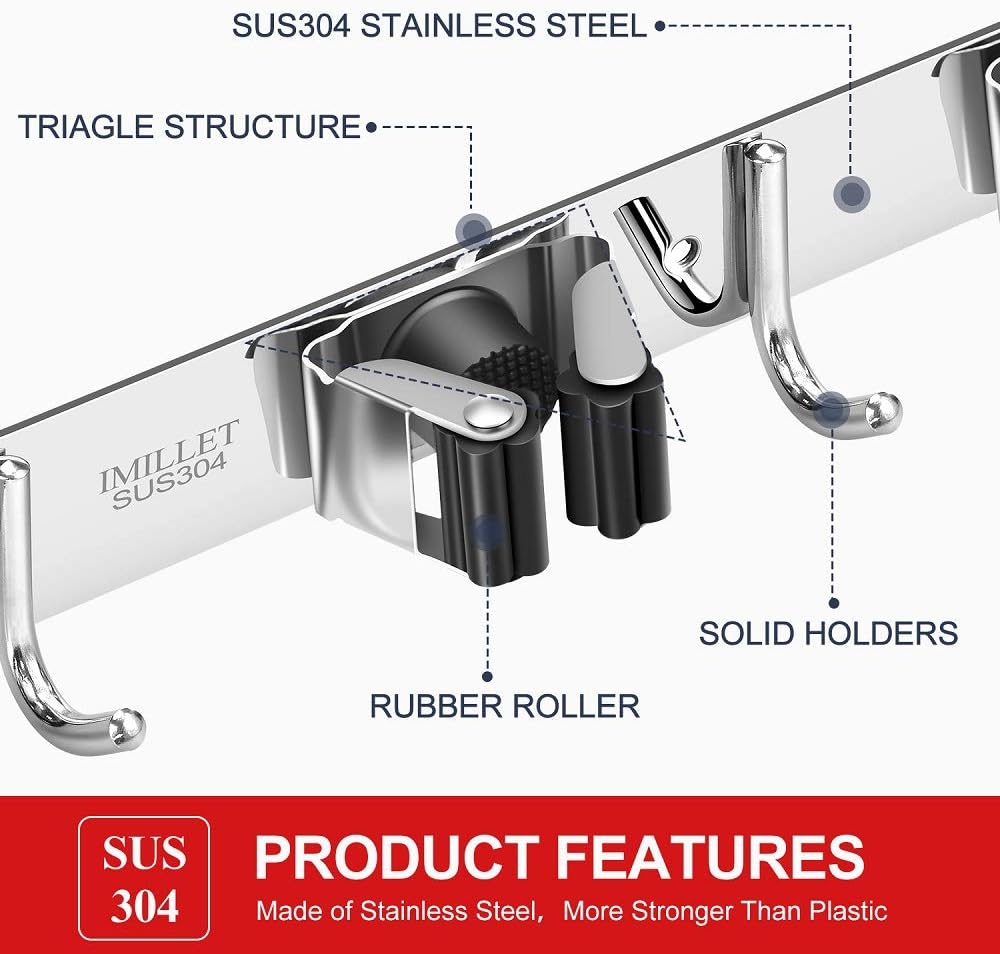 IMILLET 2 Pack Broom and Mop Holder Wall Mounted, Stainless Steel Broom Holder Mop Holder Self Adhesive Heavy Duty Hooks Storage Organizer for Home Laundry Room Garden Garage Closet Kitchen