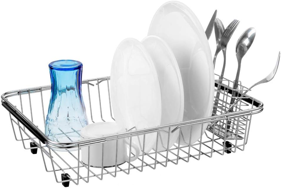 SANNO Expandable Dish Drying Rack Over Sink Dish Rack Shelf in Sink or On Countertop with Stainless Steel Utensil Holder Rustproof Stainless Steel