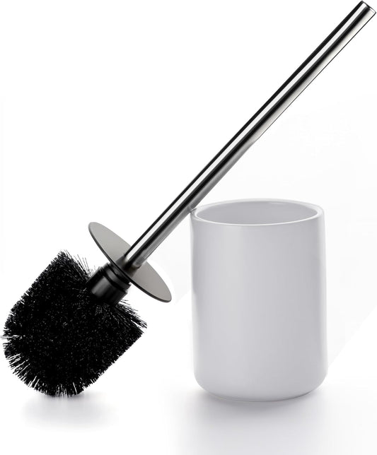 Ceramic Toilet Brush & Holder Set - Freestanding Deep-Cleaning Toilet Bowl Cleaner Brush, Stainless Steel Handle, Small & Sturdy for Storage, Easy to Clean, Non-Scratching