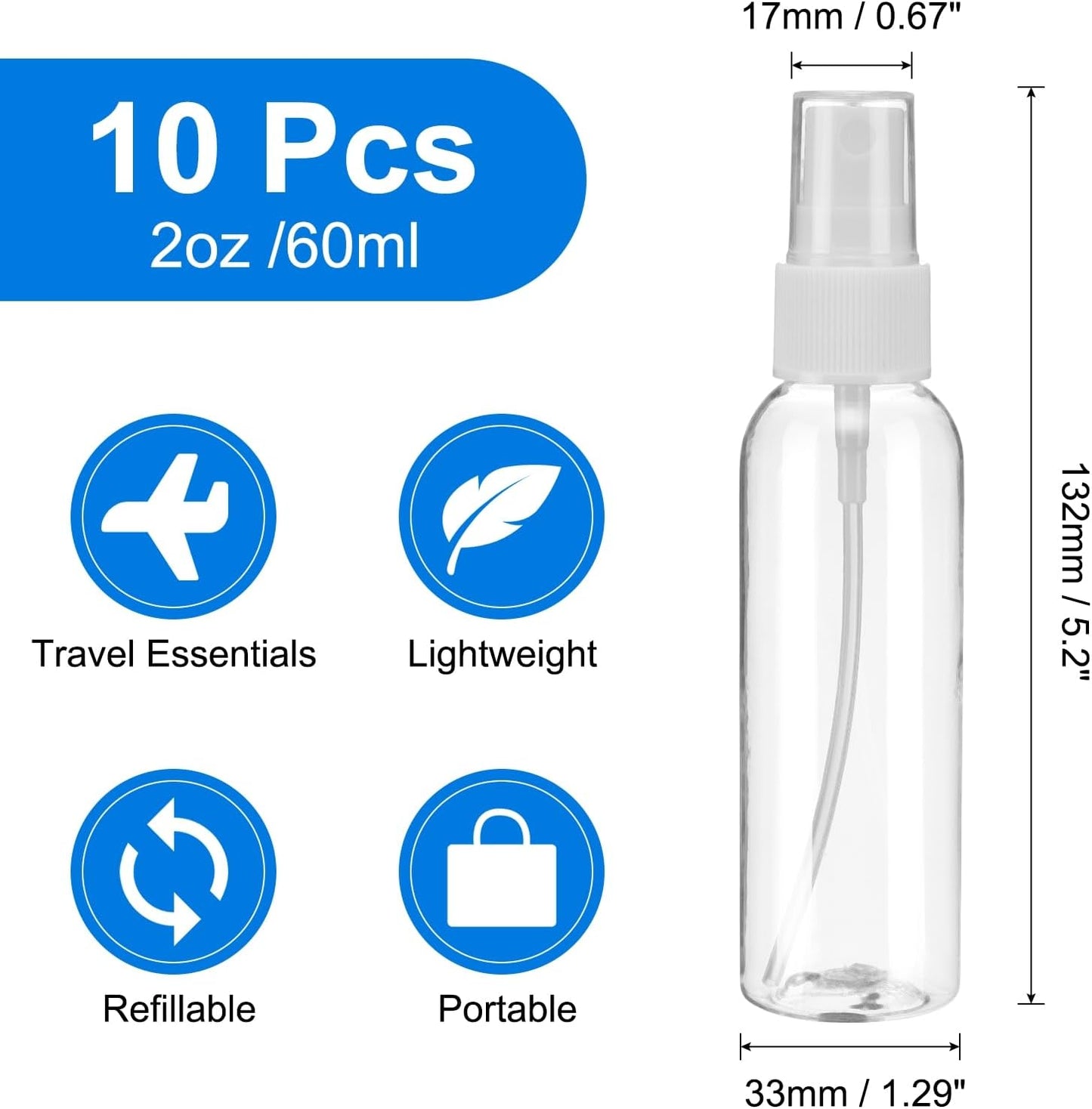 uxcell 10 Pack Spray Bottles, 2 Oz/60ML Clear Empty Mist Plastic Mini Travel Bottle Set,Small Refillable Liquid Containers for Household Use, Essential Oil, Cleaning (Transparent White)