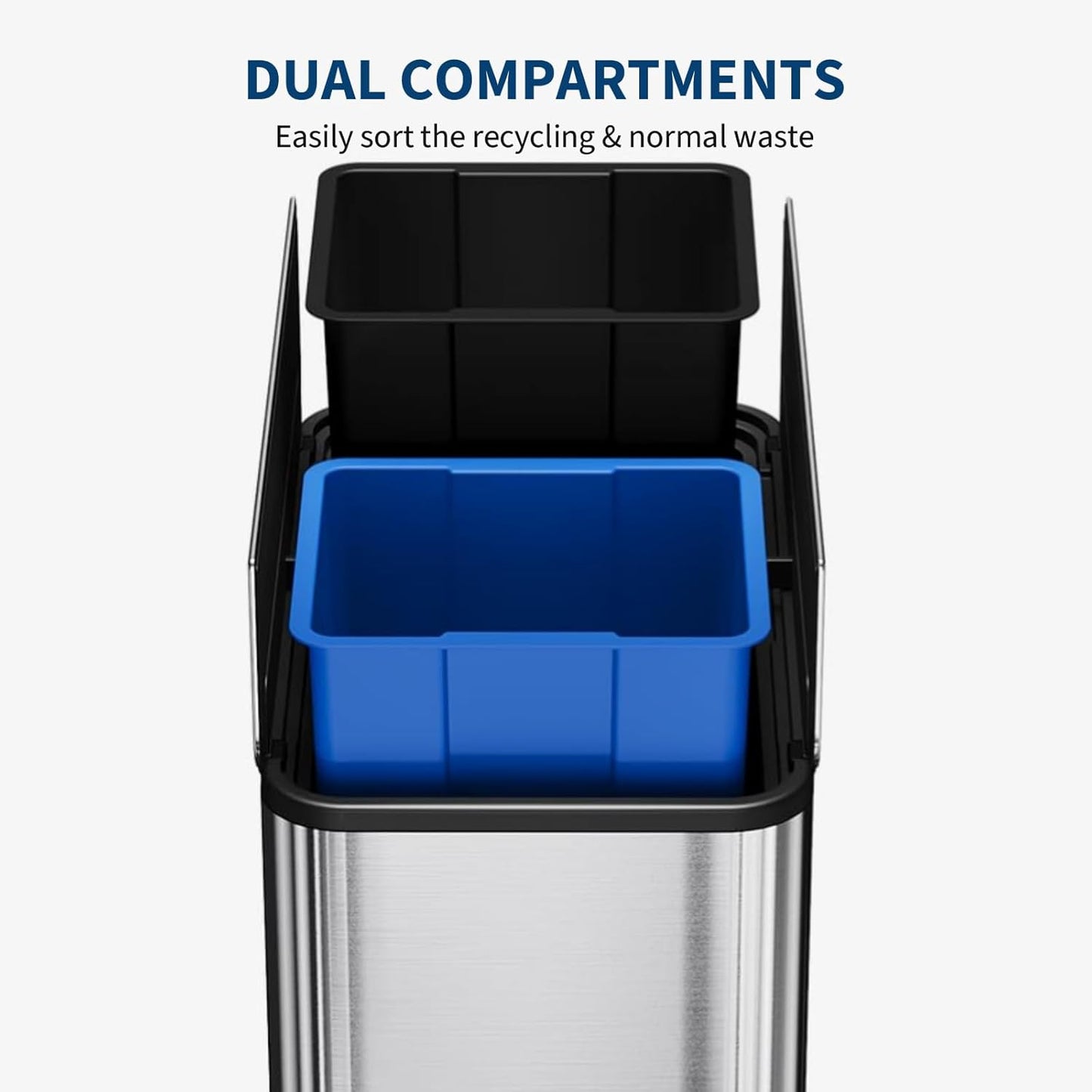 14.8 Gallon / 56L Kitchen Trash Can with Wing Lid, 2 x 7.4Gal Dual Compartments Slim Stainless Steel Garbage Can with 2 Removable Inner Buckets, Fingerprint-Proof Step Rubbish Bin With Soft-Close Lid
