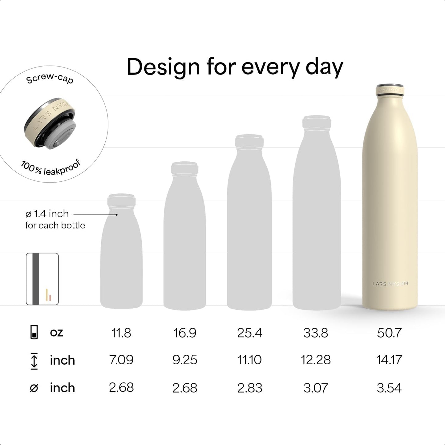 LARS NYSØM Stainless Steel Insulated XL Water Bottle 12oz 17oz 25oz 34oz 51oz | Insulated Thermo Flask for Hot and Cold Beverages | Leakproof Drinking Bottle (Almond Beige, XL 50.7oz)
