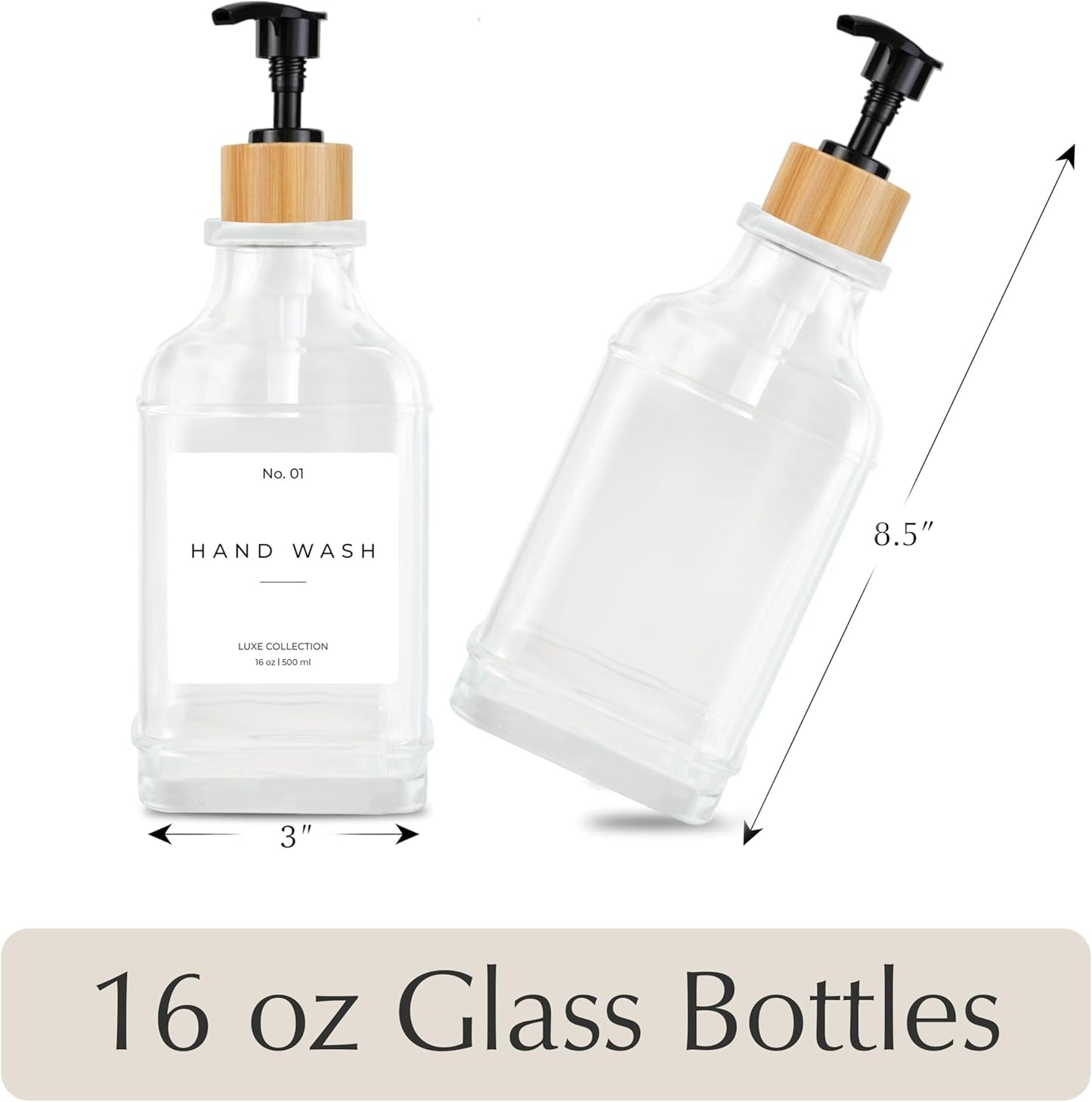 Emerson Essentials Soap Dispenser, Dish Soap Dispenser, Soap Bottle Bathroom Set, Farmhouse, Kitchen Soap Dispenser Set Stainless Steel - Glass Soap Dispenser with Pump and Labels, 16 Oz, 2 Pack