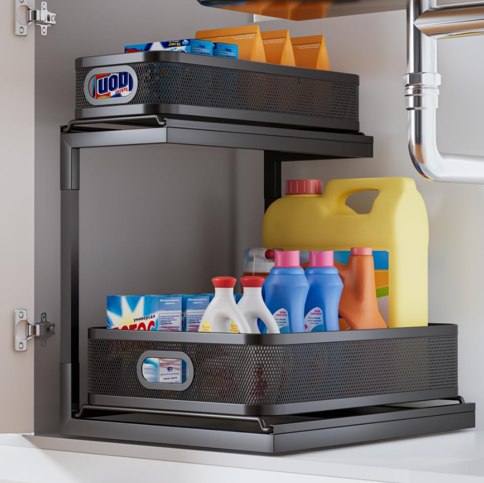 1-Pack Under Sink Storage Organizer with 2-Tier Slide Out Drawer, Sophisticated Mesh Pull Out Shelf for Kitchen & Bathroom, Fits Small Items, Upgraded Arched Track for Smooth Gliding-Black