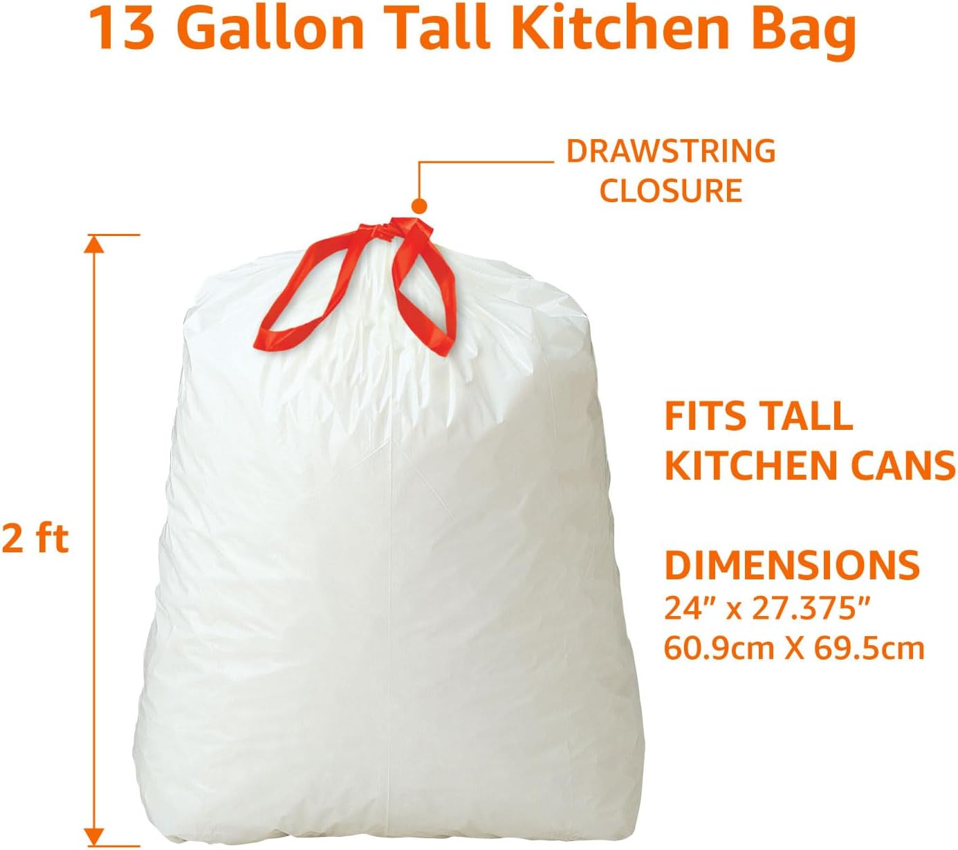 Amazon Basics 13 Gallon Tall Kitchen Drawstring Trash Bags, Unscented, 10% Post Consumer Recycled, 120 Count
