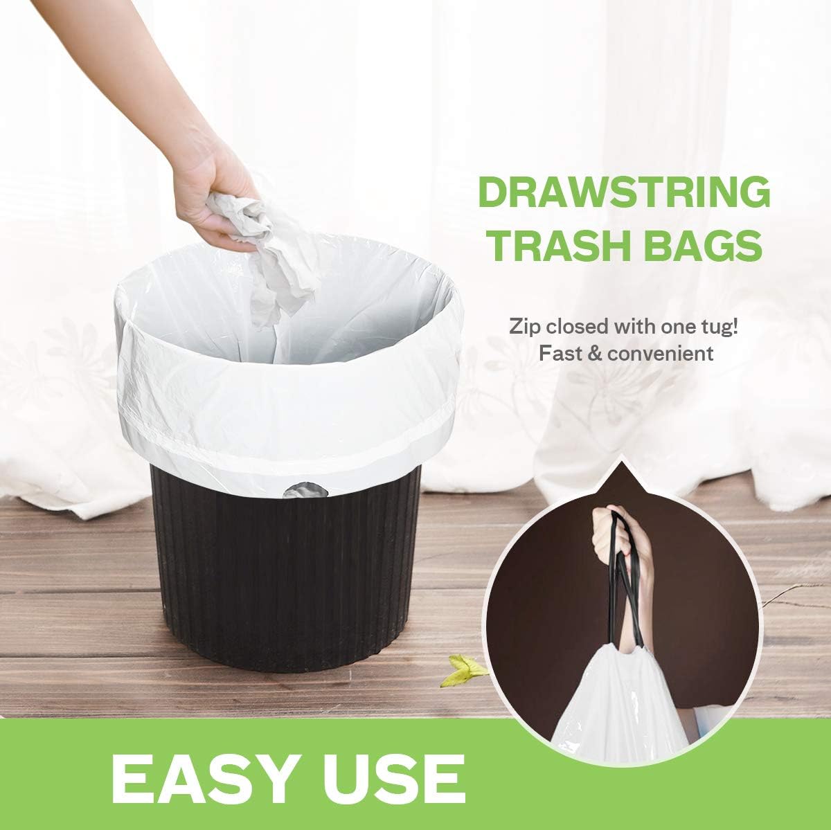 Teivio 2 Gallon 140pcs Strong Drawstring Trash Bags Garbage Bags, Bathroom Trash Can Bin Liners, Small Plastic Bags for Office Kitchen Home, White