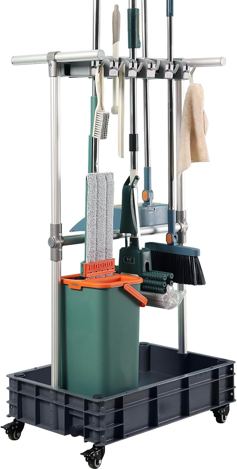 Broom mop Holder Cleaning Supplies Organizer Janitor carts on Wheels Housekeeping Station Storage Tools for Garage, Garden, Closet, Cabinet