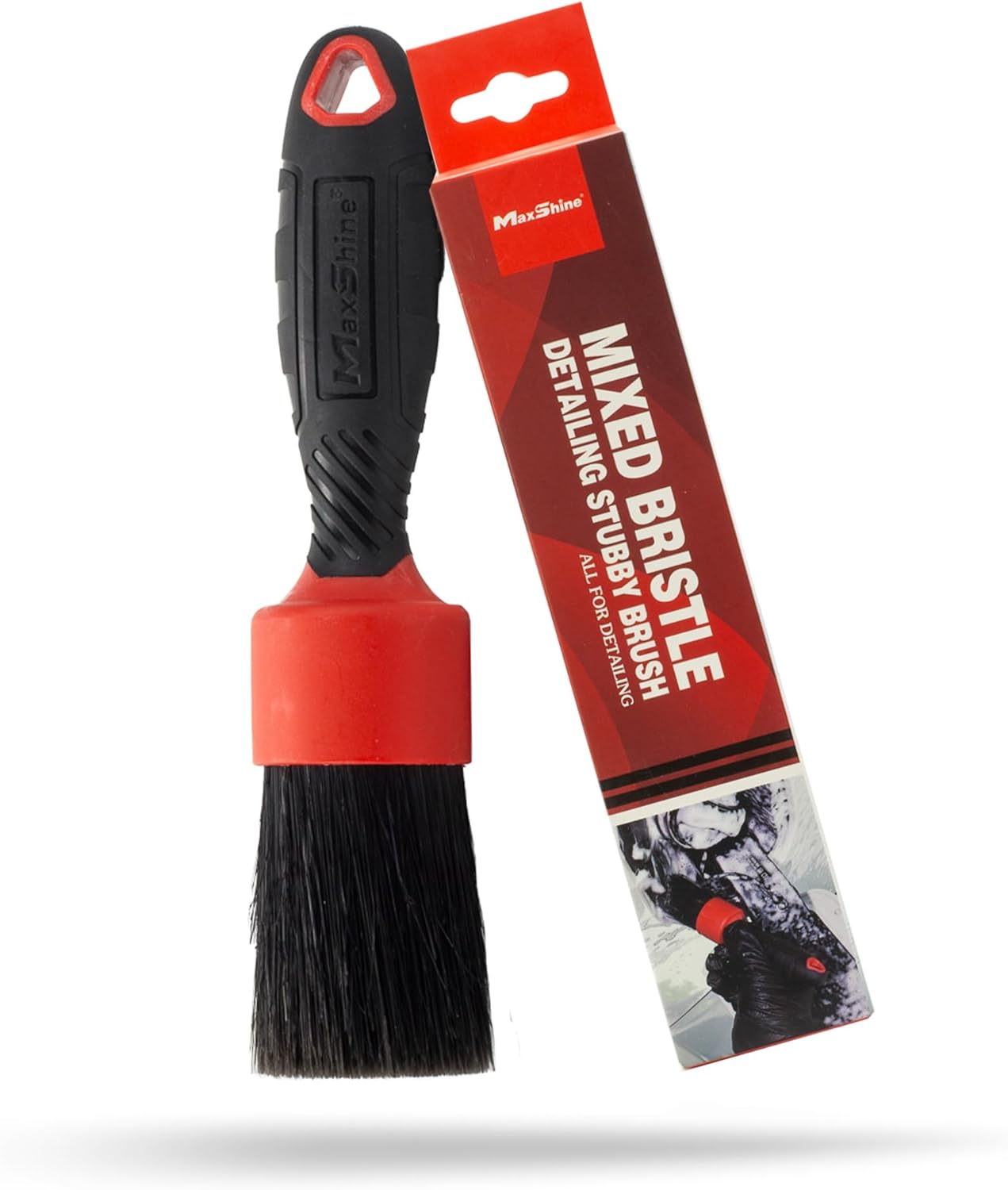 Maxshine Stubby Boar Hair Detailing Brush - Premium Detail Brush with 100% Natural Boar Hair Mixed Fiber for Auto Detailing, Wheels, Engine, Interior, Air Vents Cleaning - Bestselling Tool - Red