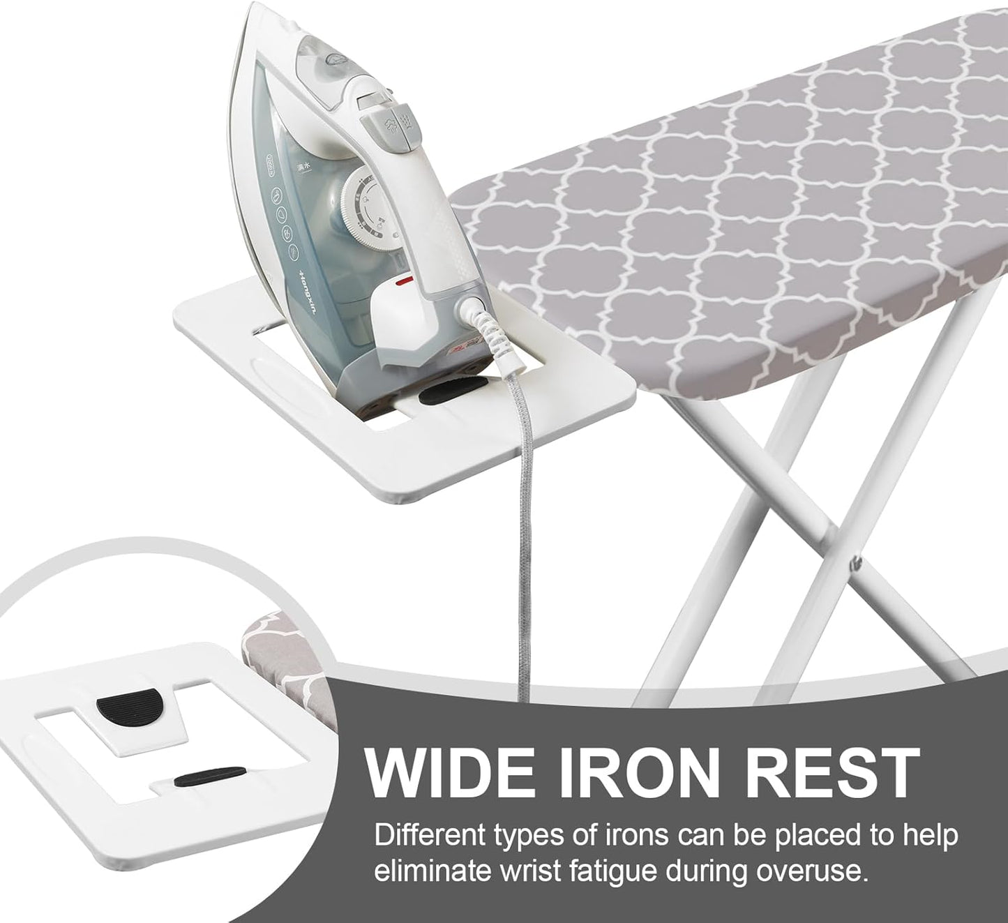 Ironing Board,Foldable Ironing Board Adjustable Height Compact Iron Board Thick Steel Tube Iron Board with Holder,Replacing Cloth Cover and Mini Handheld Gloves (Grey Texture)