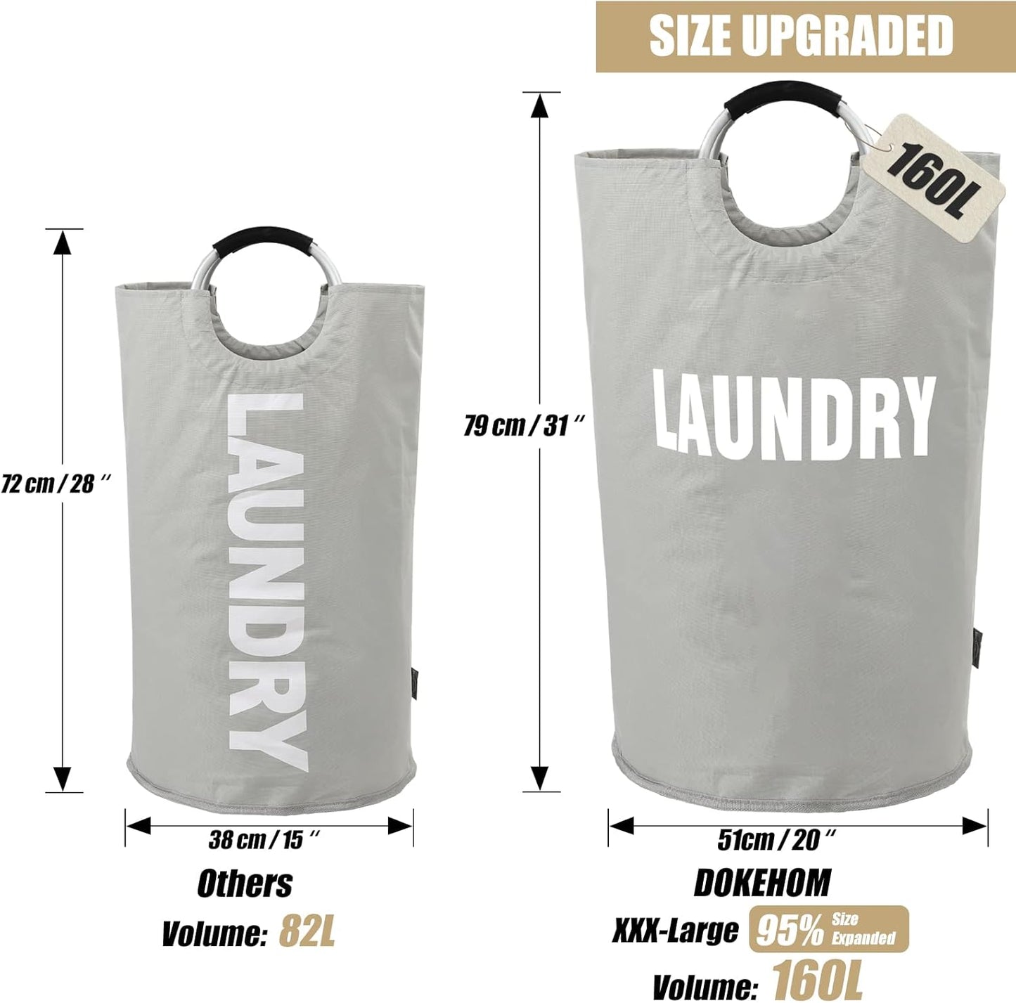 DOKEHOM 160L XX-Large Laundry Basket (7 Colors), Collapsible Laundry Bag, Foldable Laundry Hamper, Folding Washing Bin (Grey, XXL)