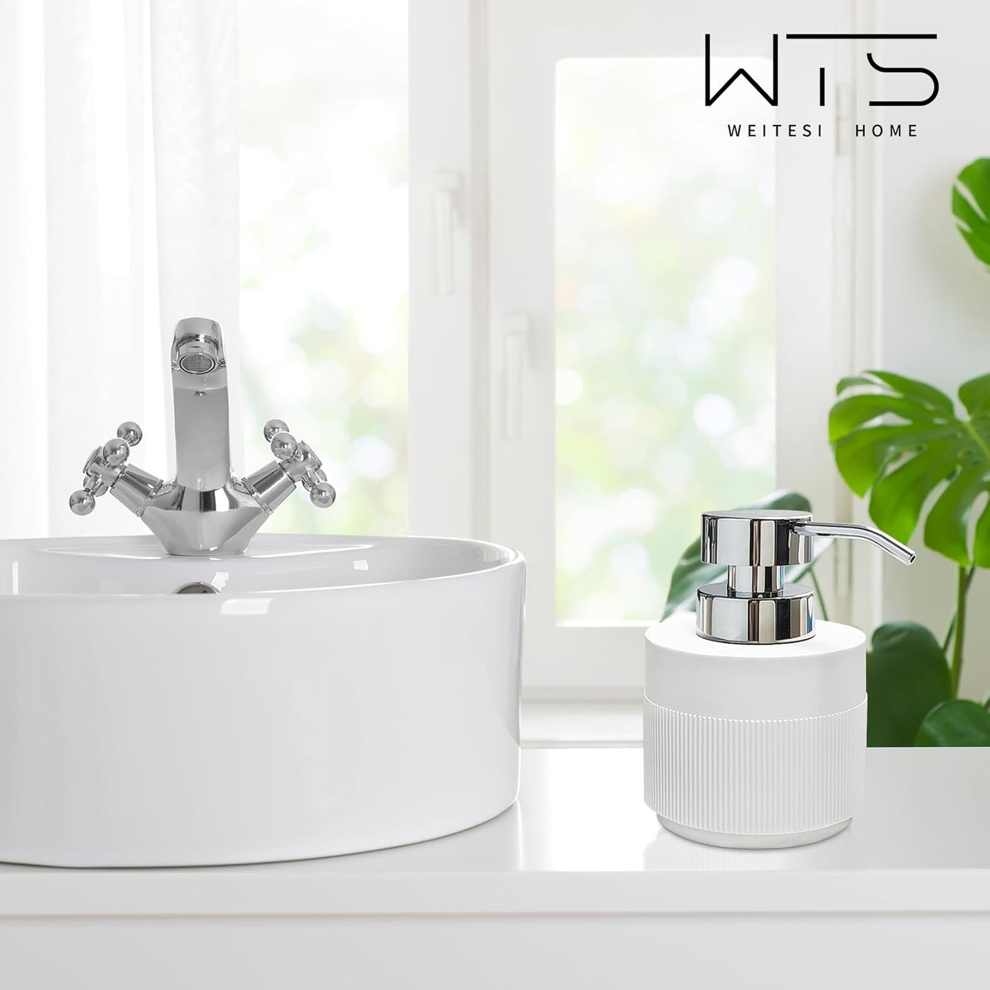 Resin Soap Dispenser for Bathroom, Hand Lotion Liquid Dispenser Easy-to-Press with Reusable Plastic Pump for Shampoo Bathroom Kitchen Countertop Anti-Slip Rust-Proof 12.5 oz White