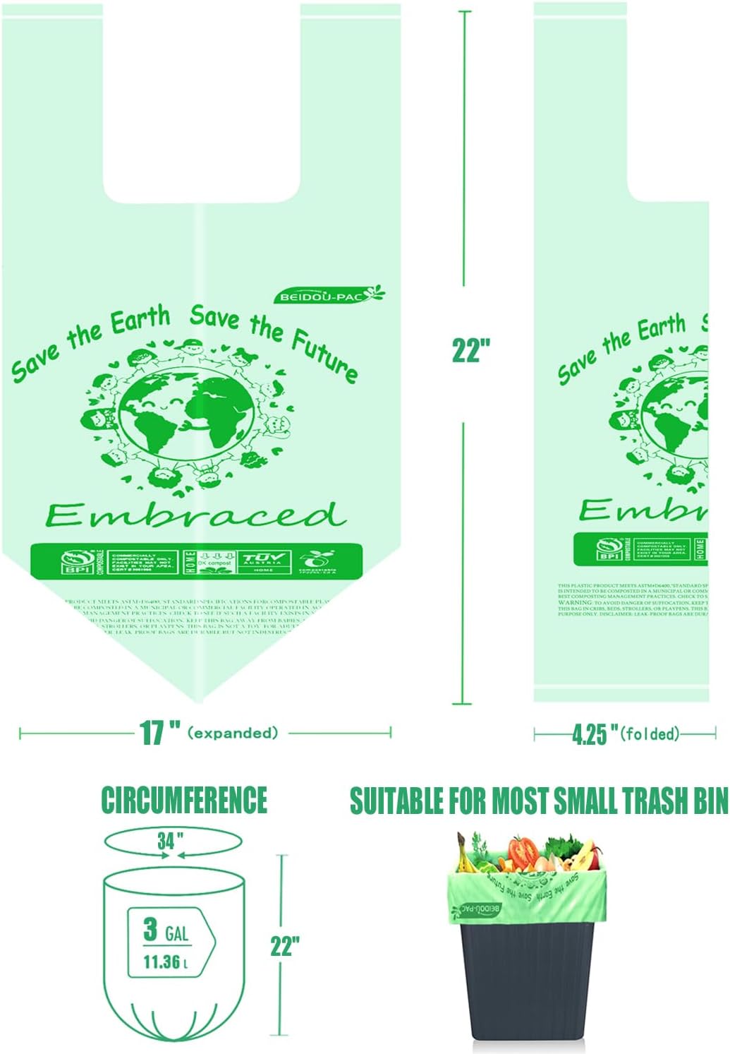 100% Compostable Trash Bags, 3 Gallon Compost Bags Small Kitchen Trash Bags with Handle, 100 Count Sturdy Biodegradable Garbage Bags Food Scrap Waste Bags, ASTM D6400, US BPI Certified