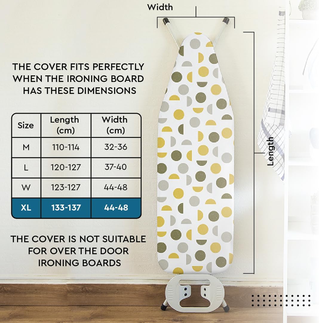 Encasa XO Ironing Board Cover and Pad 57"x22" - Thick 3mm Felt Padding, Drawstring Tightening & Lock, Easy Fit, Scorch & Stain Resistant, Fits X-Large Ironing Board - Grey Tiles