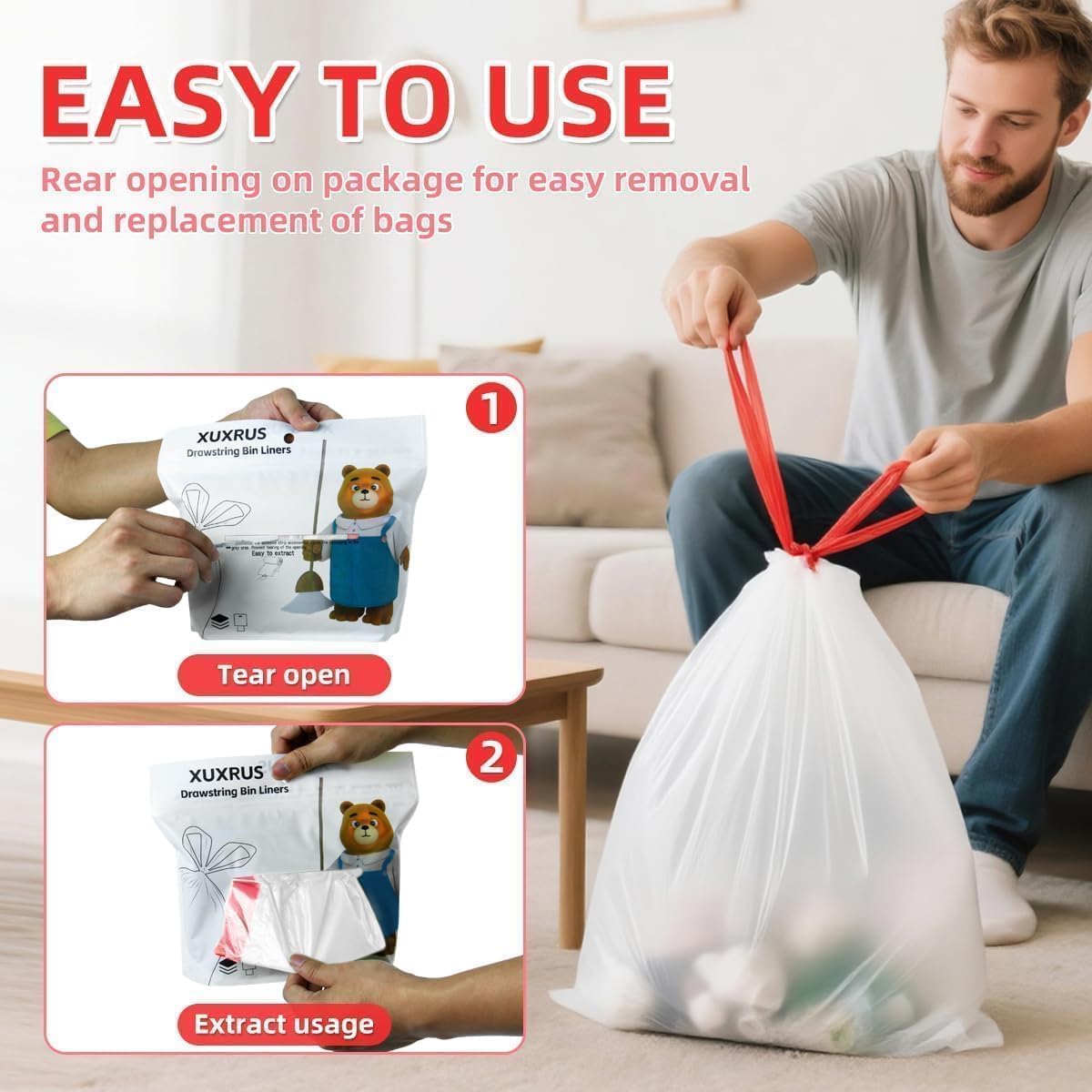 3 Gallon Trash bag Small White Drawstring Trash Bags, Tear-Free Heavy Duty Garbage Bags, Leak-Proof & Odor Blocking Small Garbage Liners for Kitchen, Bathroom, Multi-Purpose Use 60 Count by XUXRUS