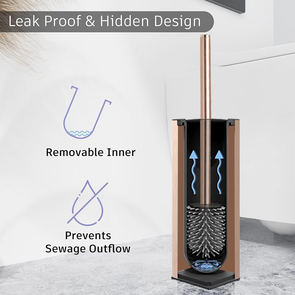 BGL Standing Toilet Brush and Holder Rose Gold Aluminium Toilet Bowl Cleaner Brush and Holder for Bathroom Storage and Organization, Square Design Sturdy and Space Saving