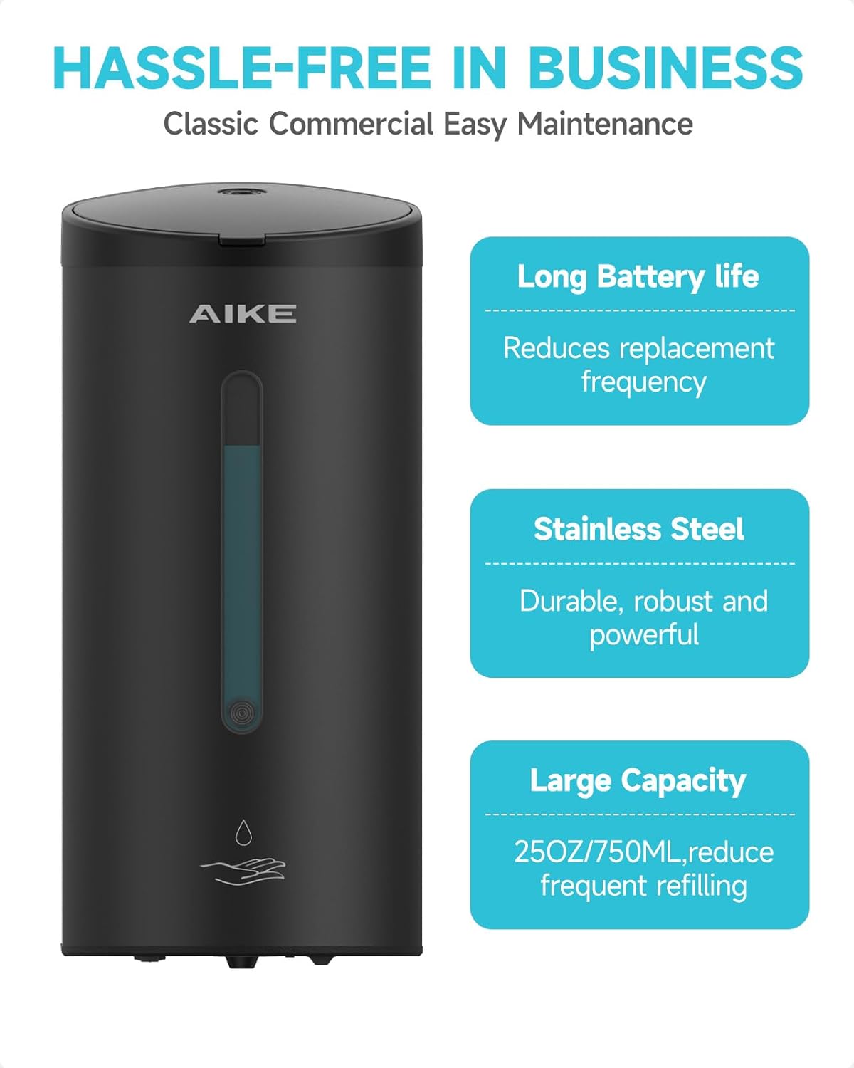 AIKE Automatic Wall Mount Liquid Soap Dispenser, Commercial Stainless Steel with 25oz Large Capacity Save Time Effort and Cost,Model AK1205(Matte Black)