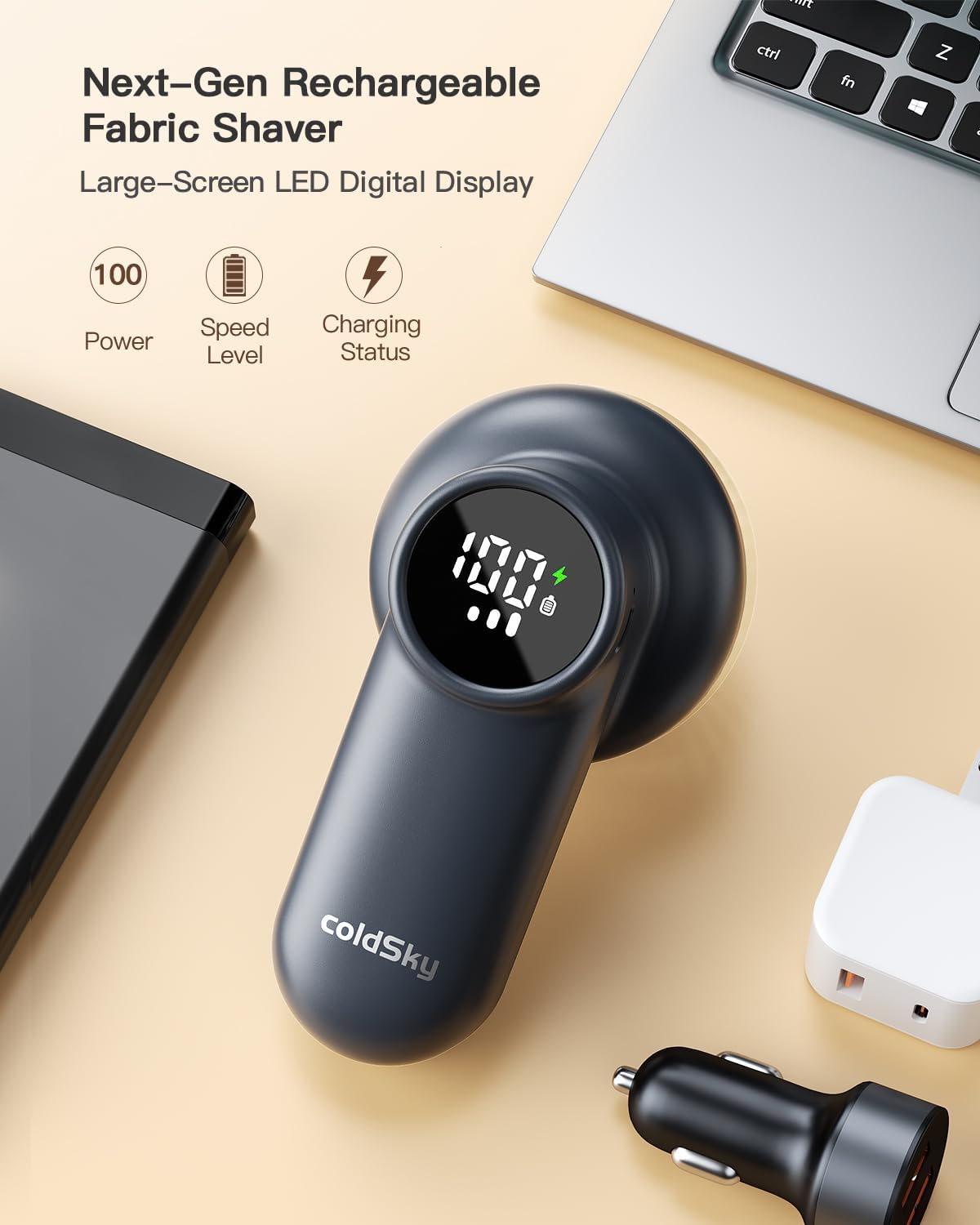 coldSky Rechargeable Fabric Shaver, Lint Shaver with Digital Display, Sweater Shaver with 6-Leaf Blades and Safety Lock, 3-Speeds Defuzzer Remove Fuzz, Pills from Clothes, Furniture, Sofa, Dark Gray