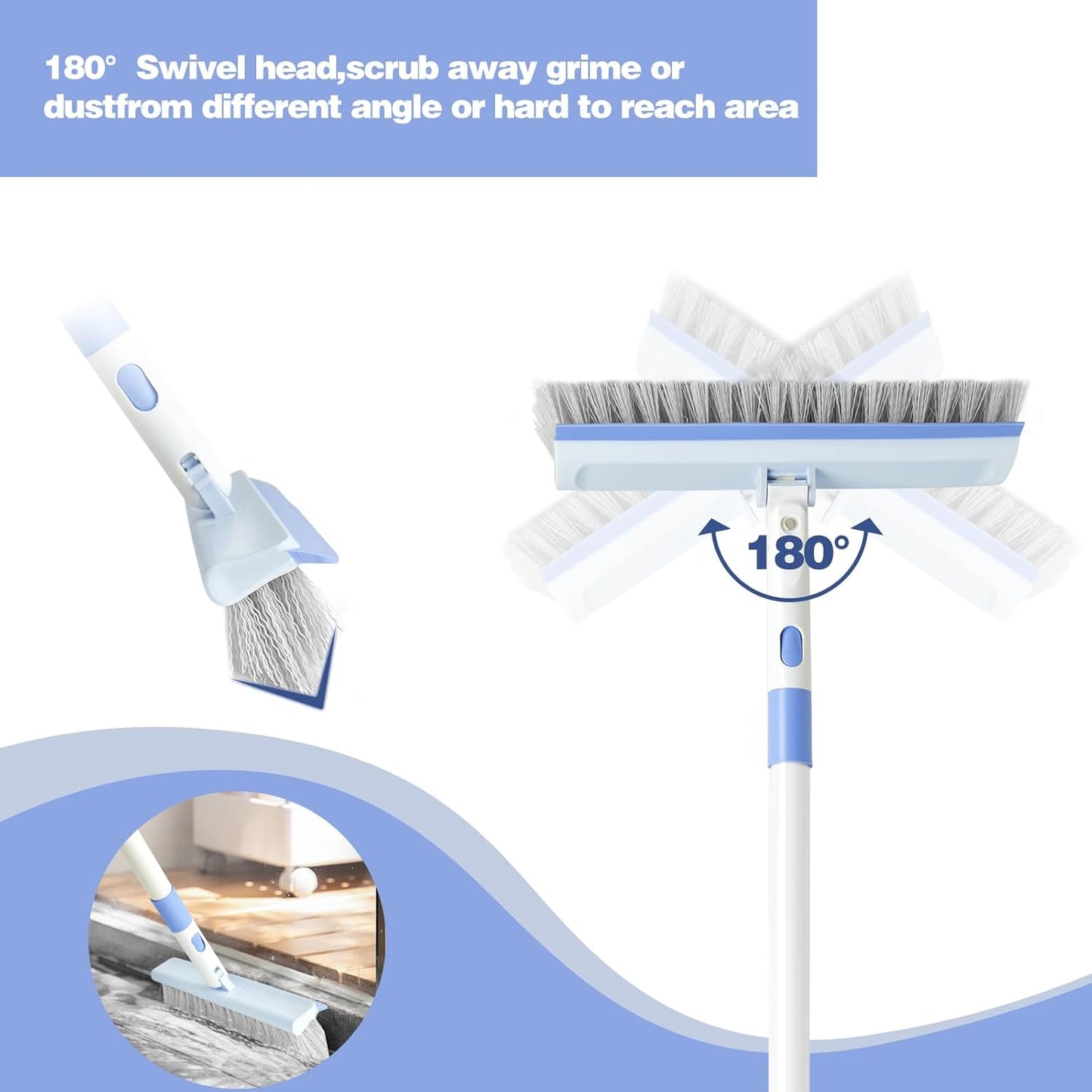 Floor Scrub Brush and V-Shape Grout Brush with Long Handle 3 in 1 Replaceable Head Scrape Brush Stiff Bristle with Swivel Head for Cleaning Tiles Hardwood Floors Patios Blue