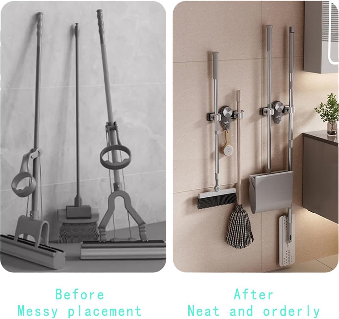 Mop and Broom Holder Wall Mount, No Punching Required Broom and Mop Organizer Wall Hanging with Hooks for Bathroom, Laundry Room, Garage, Kitchen,Garden Tool Organizer Storage (2pcs Transparent)
