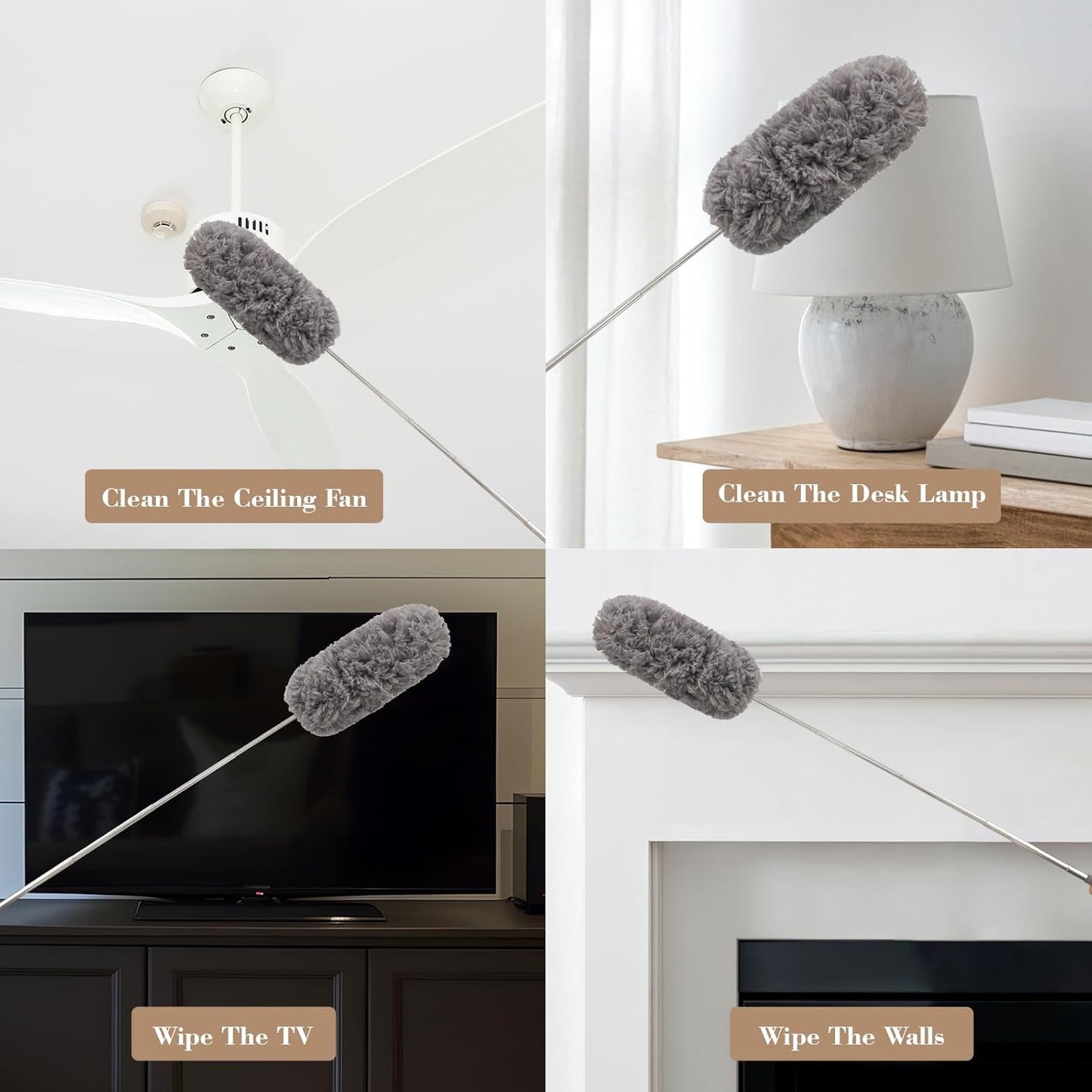 Microfiber Feather Duster Extendable Duster with 14"-33" Extra Stainless Steel Pole, Bendable Head & Long Handle Dusters for Cleaning Ceiling Fan,Ceiling, Blinds, Furniture & Cars Gray