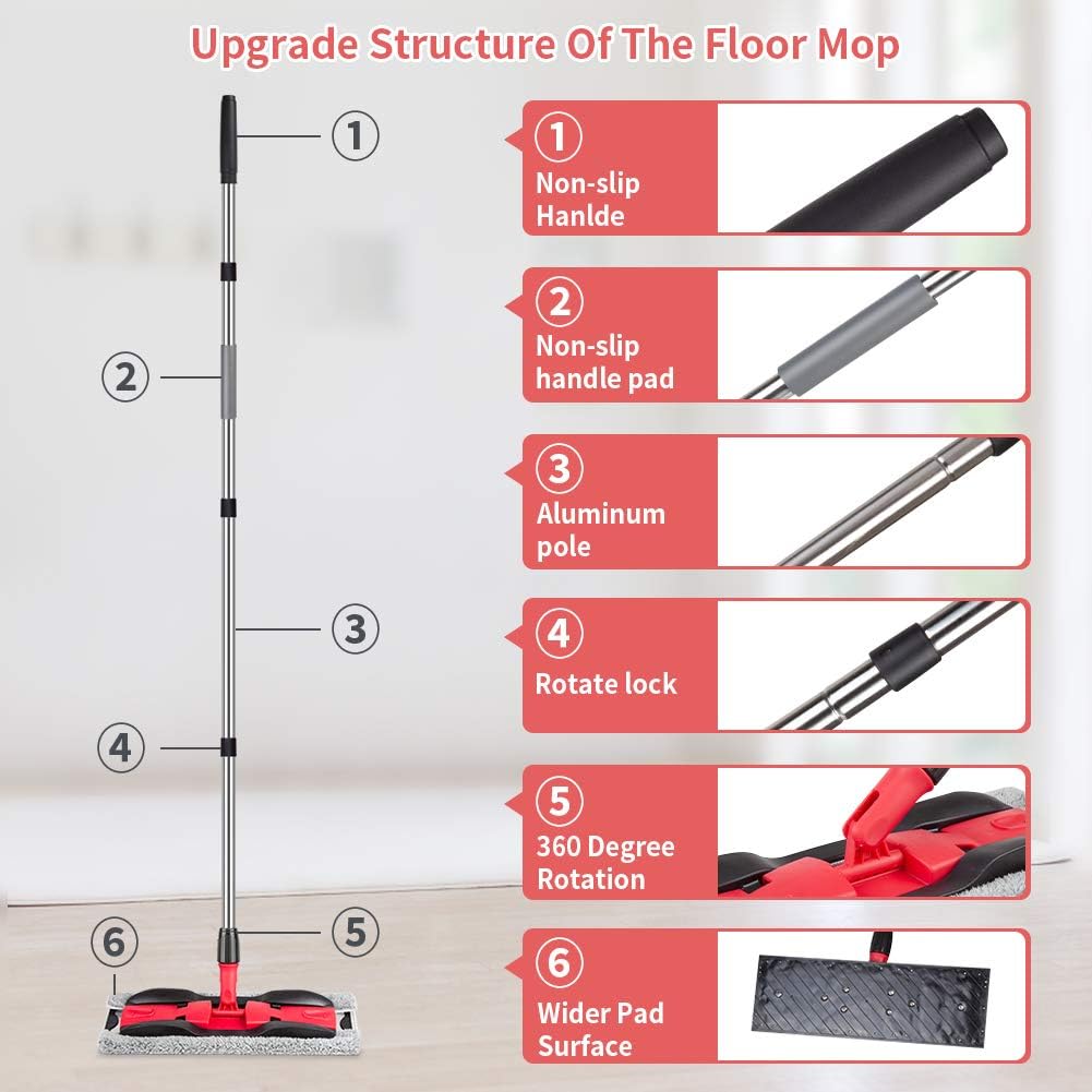 MEXERRIS Microfiber Mops for Hardwood Laminate Tile Floor Cleaning: Stainless Steel Handle - 4 Reusable Flat Mop Refills and 1 Dirt Removal Scrubber Included - Dry Dust Mop Commercial Home Use