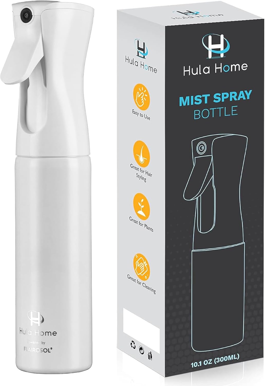 Hula Home Spray Bottle for Hair (10.1oz/300ml) - Powered by Flairosol® Spray Technology - Continuous Ultra Fine Mist Sprayer – For Hairstyling, Cleaning, Salons, Plants, Essential Oil - All White