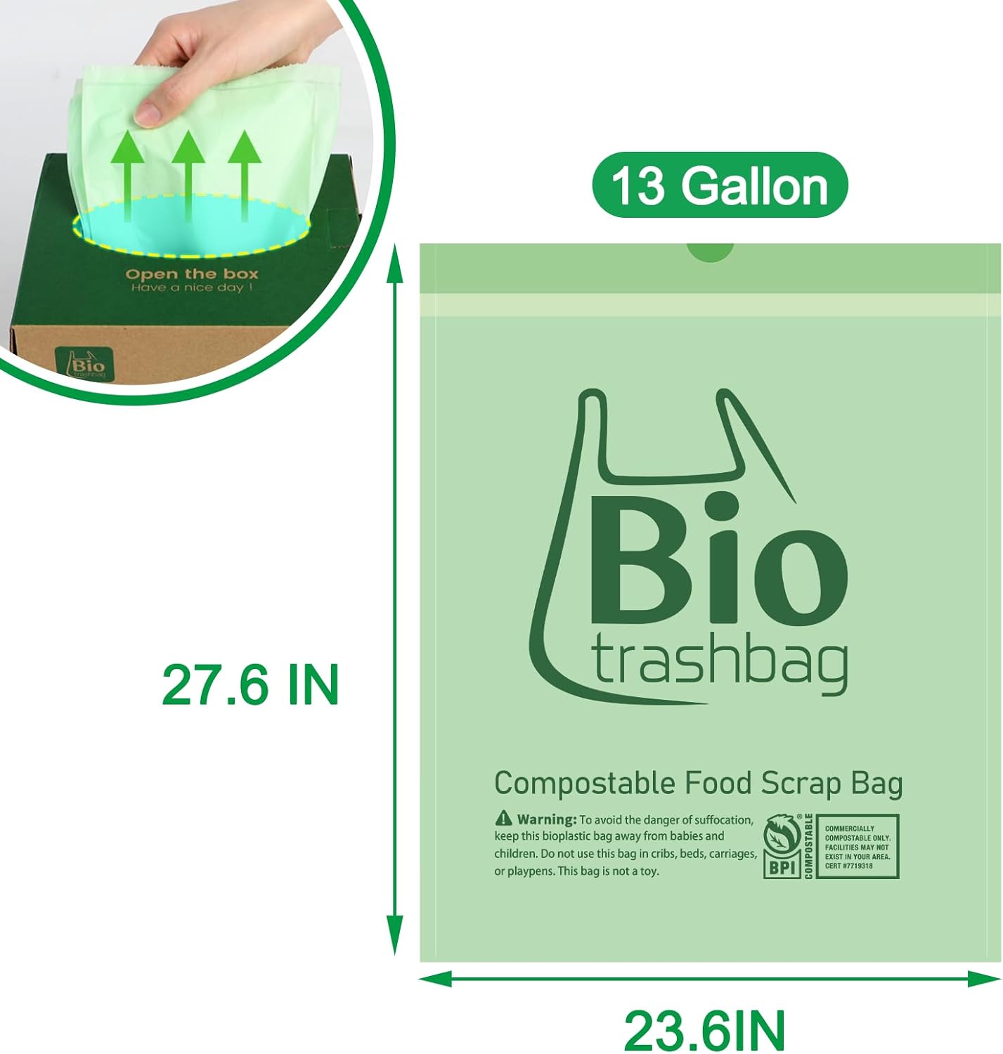 13 Gallon Compostable Trash Bags, Biodegradable Drawstring Compost Food Waste Bags, 100 Count, Heavy Duty 1 Mil, 49.2 Liter, Tall Kitchen Large Garbage Bags, US BPI and Europe OK Compost