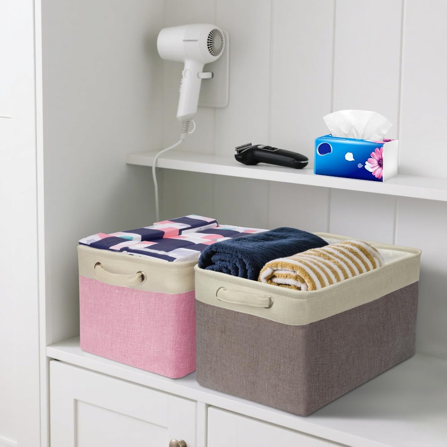 BALEINE 4 Pack Fabric Storage Bins for Shelves, Linen Storage Baskets for Organizing, Decorative Closet Bins for Clothes, Home (Navy Blue, 15"x11"x9.5")