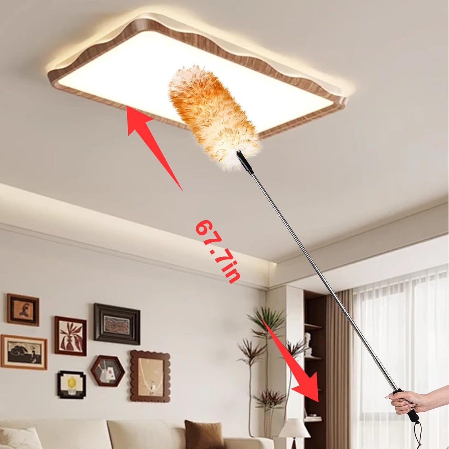 Lambswool Extendable Duster,67.7Inch Telescoping Feather Dusters with Stainless Steel Extension Pole for Cleaning High Ceiling Fan, High Ceilings,Furniture