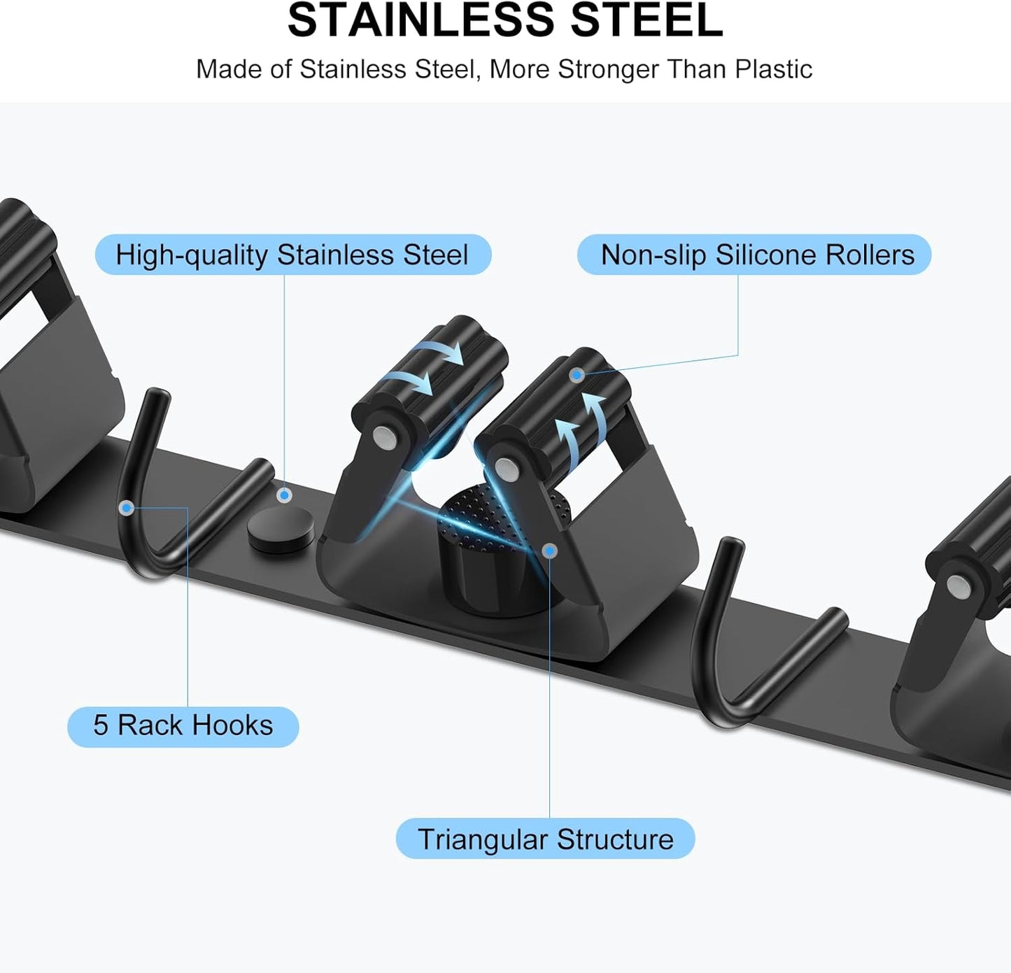 nacena Broom holder Wall Mount, 2-Pack Stainless Steel Self-Adhesive Mop and Broom Hooks Heavy Duty Broom and Mop Storage Rack laundry room organization Garage Organizer for Kitchen Garden garage