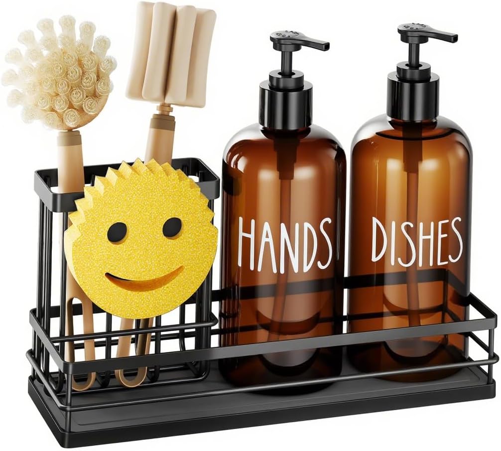 Moforoco Kitchen Dish Soap Dispenser Set, 16OZ Glass Bottle, Hand and Dish Soap Dispenser Set, Instant Dry Tray, Non-Slip Silicone Pad, Brush Holder with Sponge Holder, Kitchen Decor（Amber Bottle）