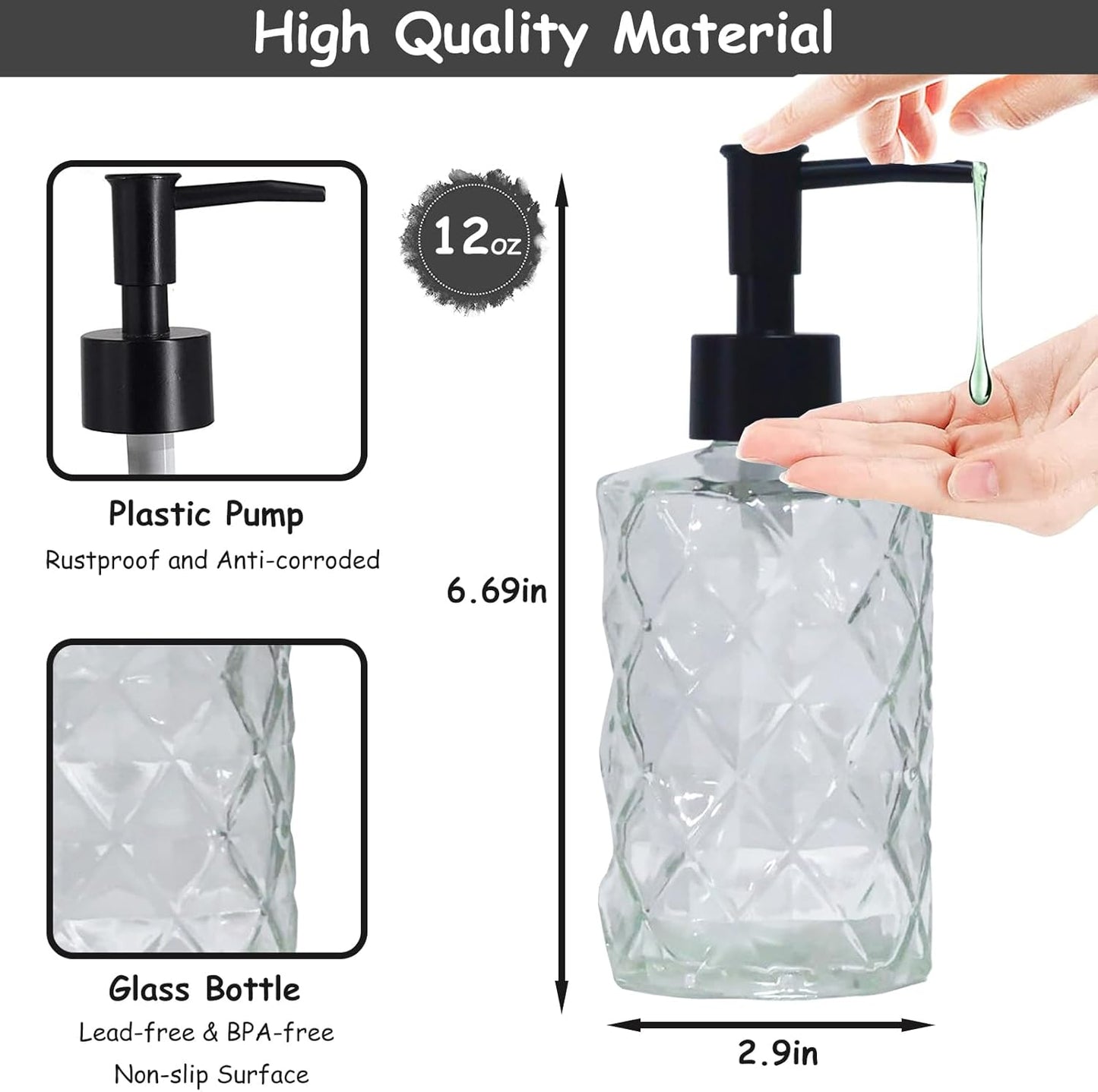 Crystal Glass Soap Dispenser, 12oz Clear Bathroom Hand Dispenser, Lotion Dispenser with Black Plastic Pump for Modern Home Decor, Kitchen Countertop, Hotel
