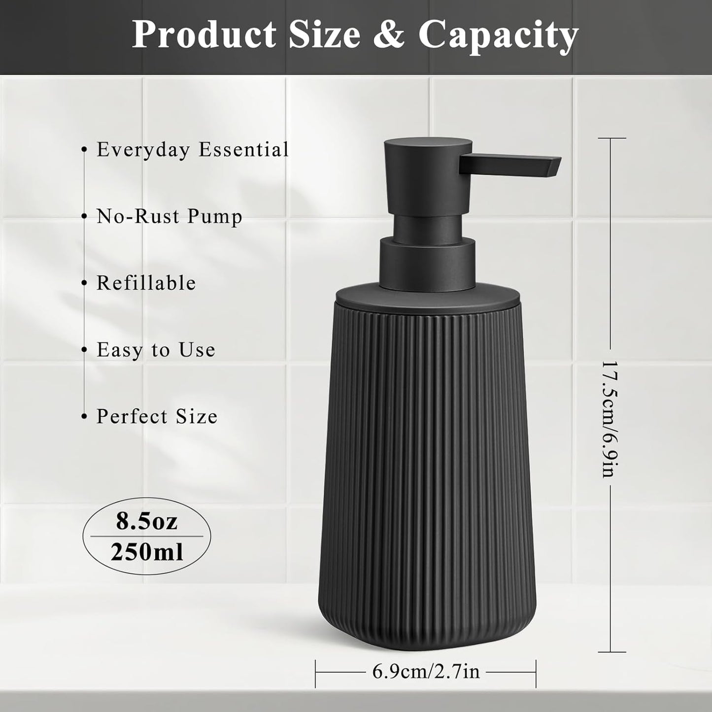 Black Hand Soap Dispenser with No Rust Pump for Bathroom and Kitchen Countertops Refillable Striped Matte Plastic 8.5 oz