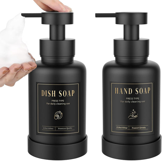 Luxspire Foaming Soap Dispenser, Glass Foam Pump Soap Dispenser, Non-Slip Hand Soap Container with 5 Waterproof Labels, 15 Oz Refillable Liquid Soap Holder for Bathroom & Kitchen, Black, 2 Pack