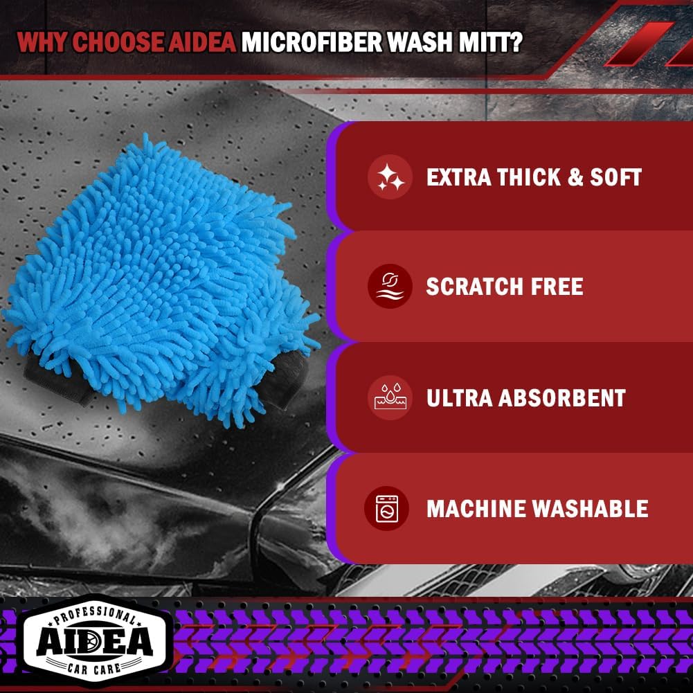 AIDEA Car Wash Mitt Microfiber-2PK, Scratch-Free& Lint-Free, Premium Chenille Microfiber Wash Mitt-Blue Regular Size (7.12''X10.14'')