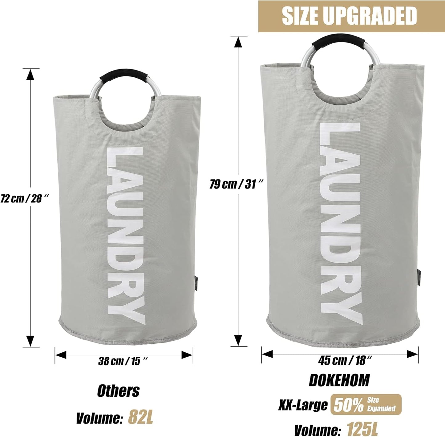 DOKEHOM 125L X-Large Collapsible Washing Laundry Basket Bag (7 Colors) for Bedroom, Fabric (Grey, XL)