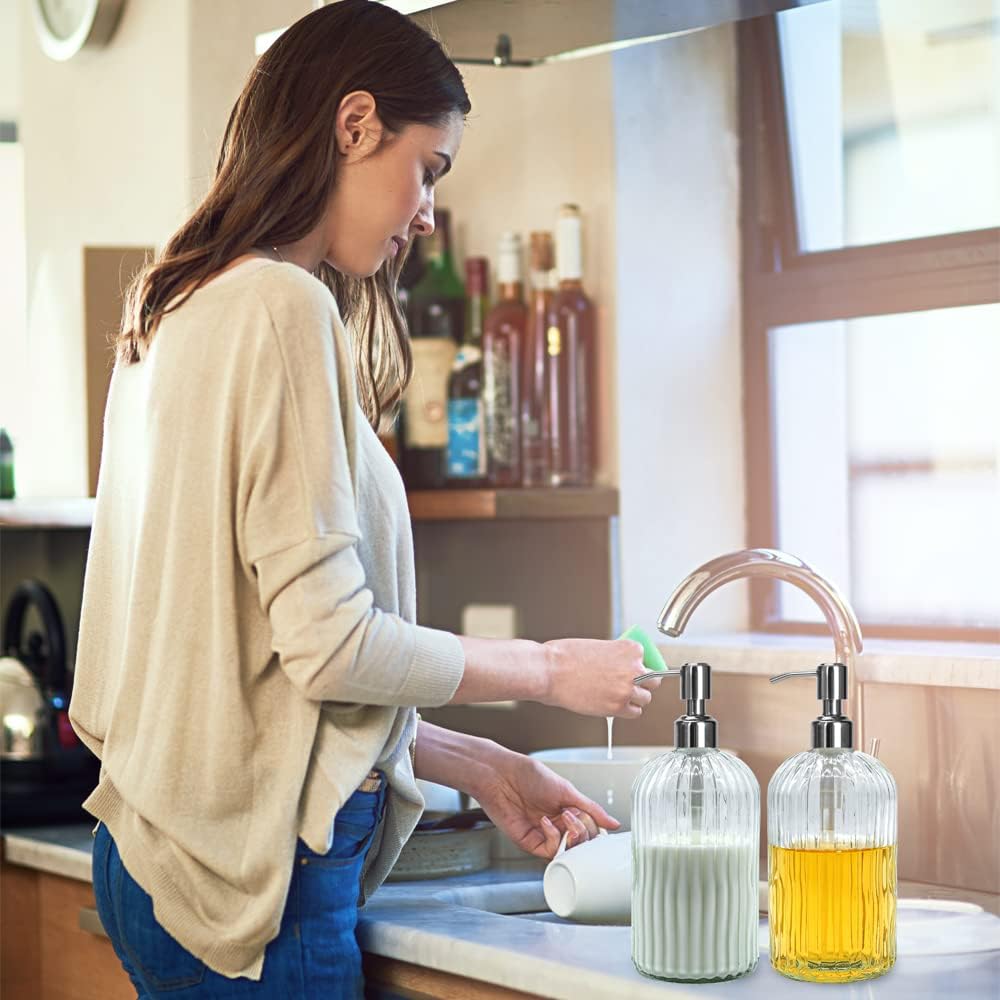 Clear Glass Soap Dispenser 18 oz, 2 Pack Hand Dish Soap Dispensers Bathroom with Stainless Steel Pump, Refillable Kitchen Liquid Decorative Bottles for Hand Sanitizer, Lotion