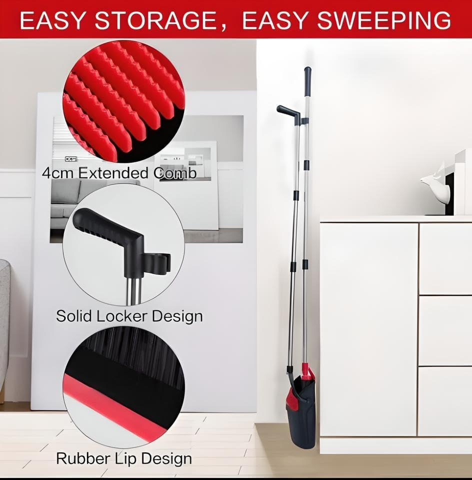 Upright Broom and Dustpan Set with Long Handle, Standing Dustpan with Broom Clip, Indoor Cleaning Set for Home