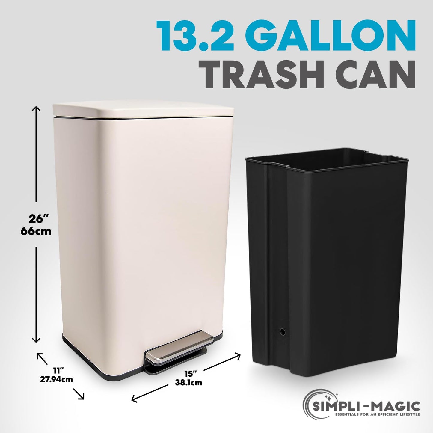 50 Liter / 13.2 Gallon Soft-Close, Smudge Resistant Trash Can with Foot Pedal and Built in Filter- White Color