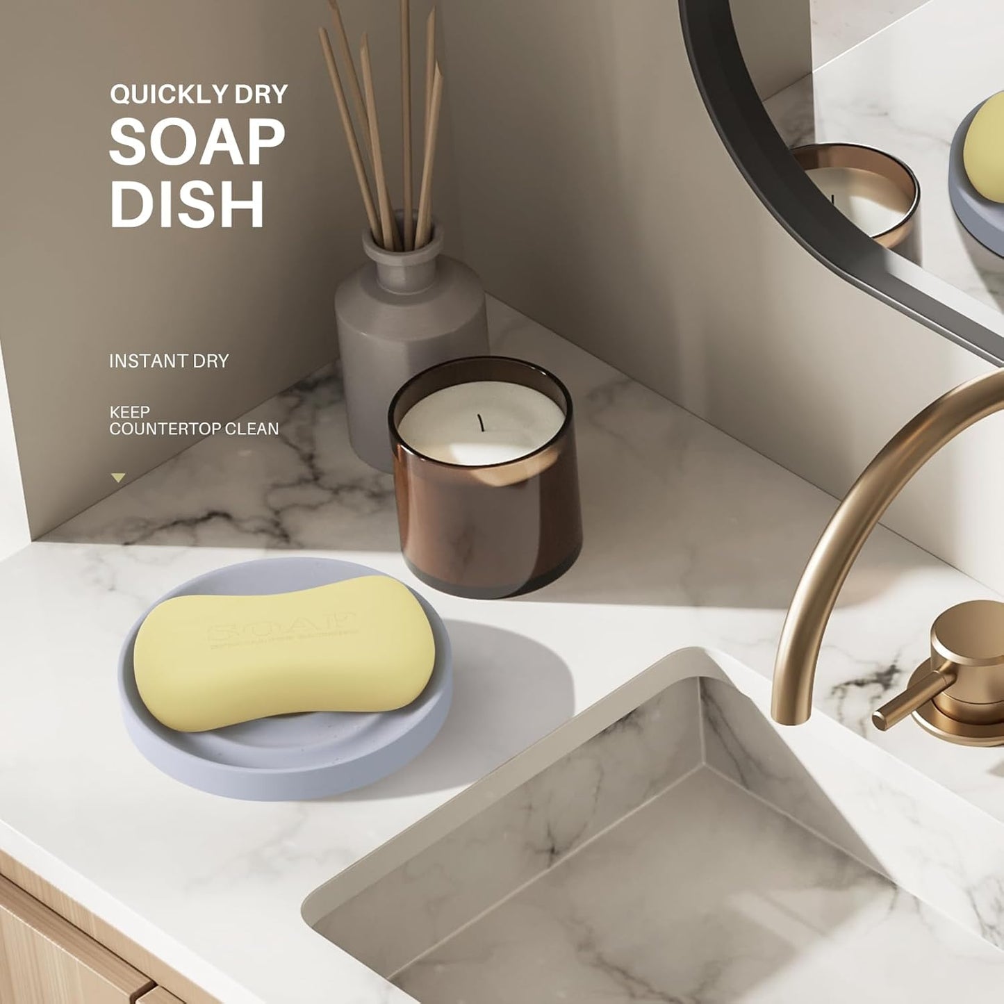 Diatomite Soap Dish, 2 Pack Water Absorbent Stone Soap Dish Holder, Quick Dry Diatomaceous Earth Bath Tray for Hand Soap, Bar Soap, Kitchen Sponge, Gray