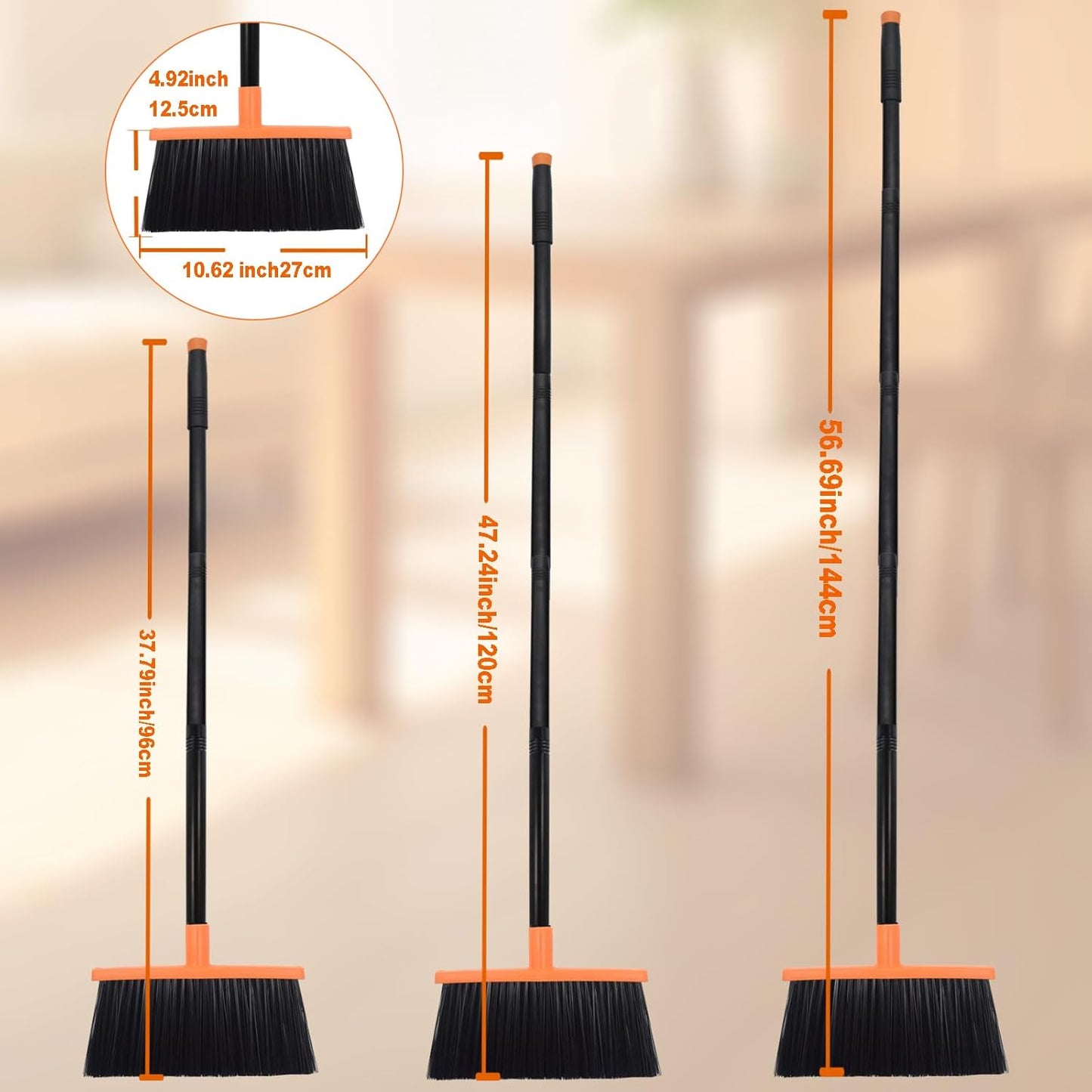 Heavy-Duty Adjustable Angle Broom with 56" Steel Handle - Ideal for Home, Garage, Kitchen, Bathroom, Office, and Outdoor Use - Durable & Efficient Cleaning Tool for Hard Floors (Orange)