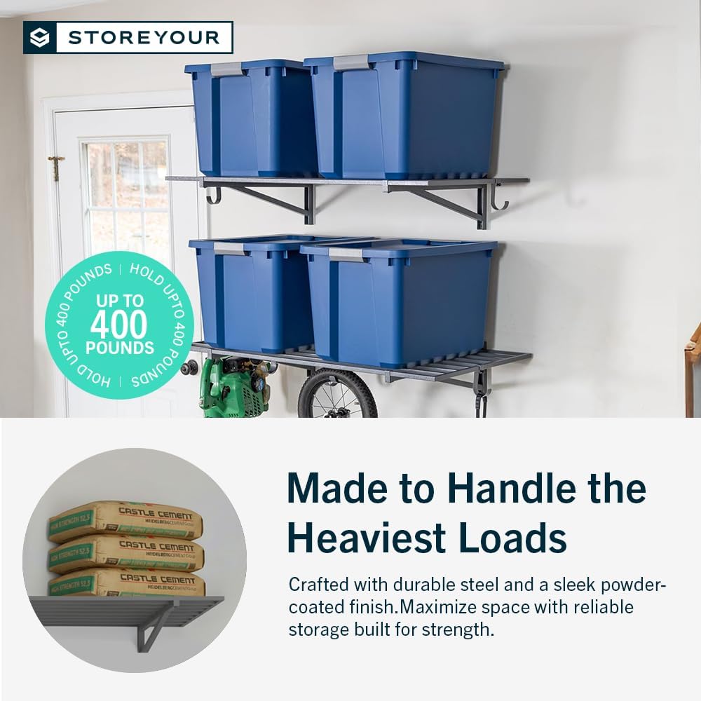 StoreYourBoard 2-Pack Heavy Duty Wall Shelves – Wall-Mounted Garage Storage Shelving and Organization for Sheds, Closets, or Utility Rooms – Holds 200 lbs, 2ft x 4ft, Hammered Gray