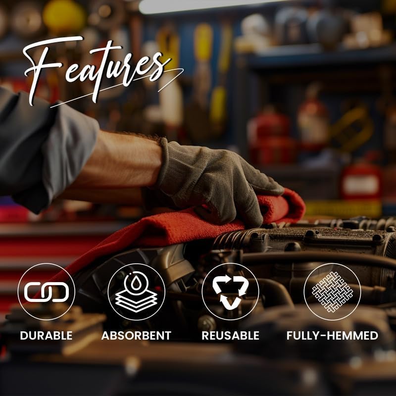 Shop Towels (Red, 2000-Pack) - Bulk Cleaning Towel in a Bag, Mechanic Cotton Wipes for Car Maintenance, Auto Mechanics & Garage, Wipe Grease & Oil, Machine Wash & Reusable