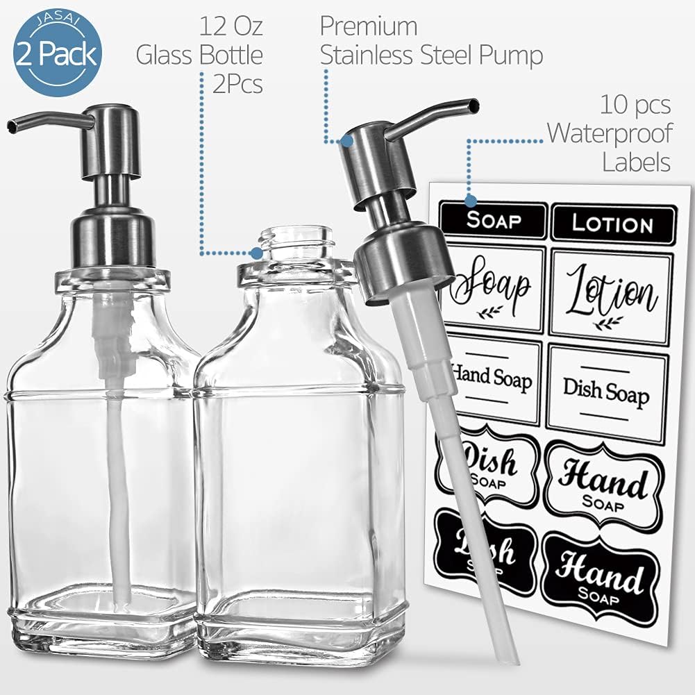 JASAI 2Pack Antique Design Glass Soap Dispenser with Rust Proof 304 Stainless Steel Pump, Refillable Hand Soap Dispenser with 10Pcs Stickers, Premium Soap Dispensers for Kitchen & Bathroom (Clear)