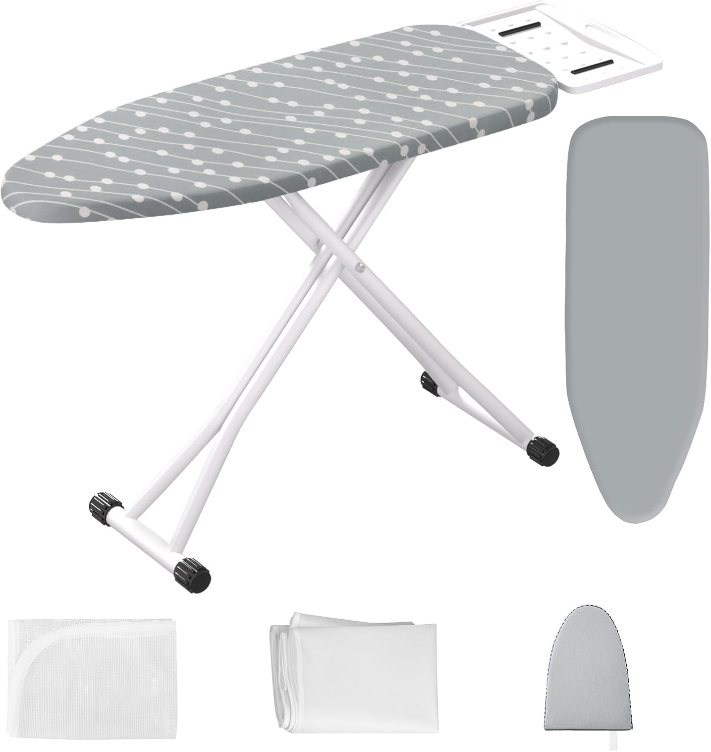 Ironing Board,Foldable Ironing Board Adjustable Height Compact Iron Board Thick Steel Tube Iron Board with Holder,Replacing Cloth Cover and Mini Handheld Gloves(Blue Dots)