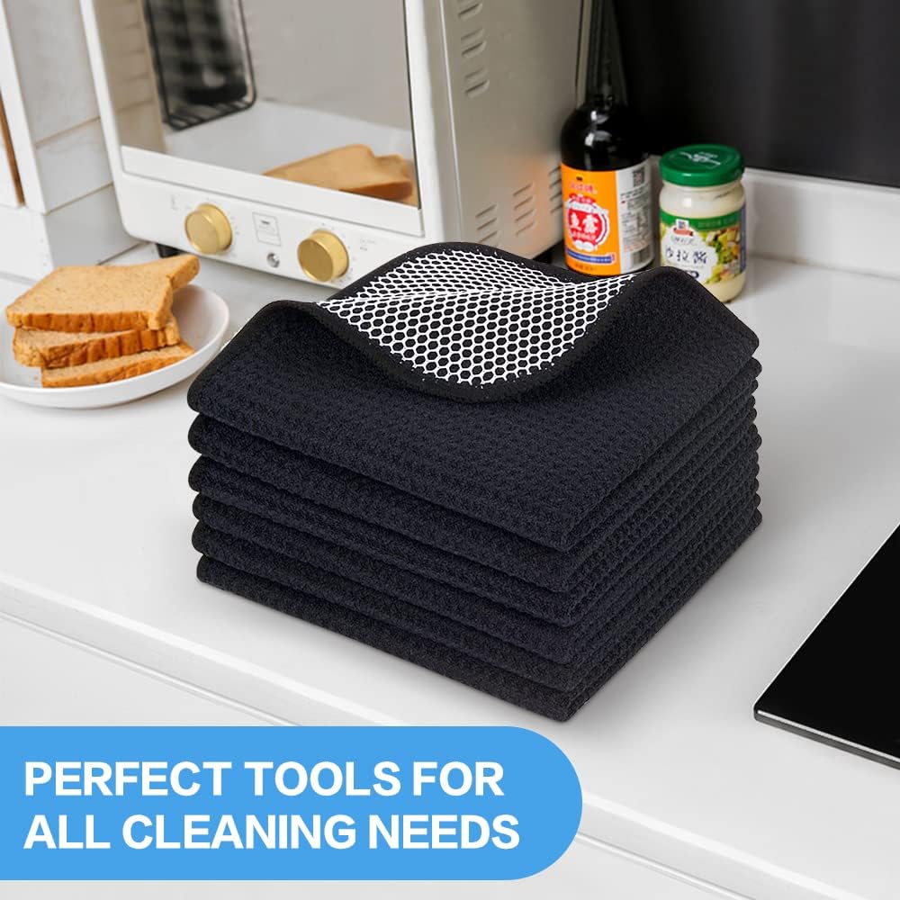 KinHwa Kitchen Washcloths for Dishes Absorbent Microfiber Dish Cloths Quick Dry Dish Rags with Poly Scour Scrub Side Ideal for Kitchen Cleaning (Black-B, 12inchx12inch 6 Pack)