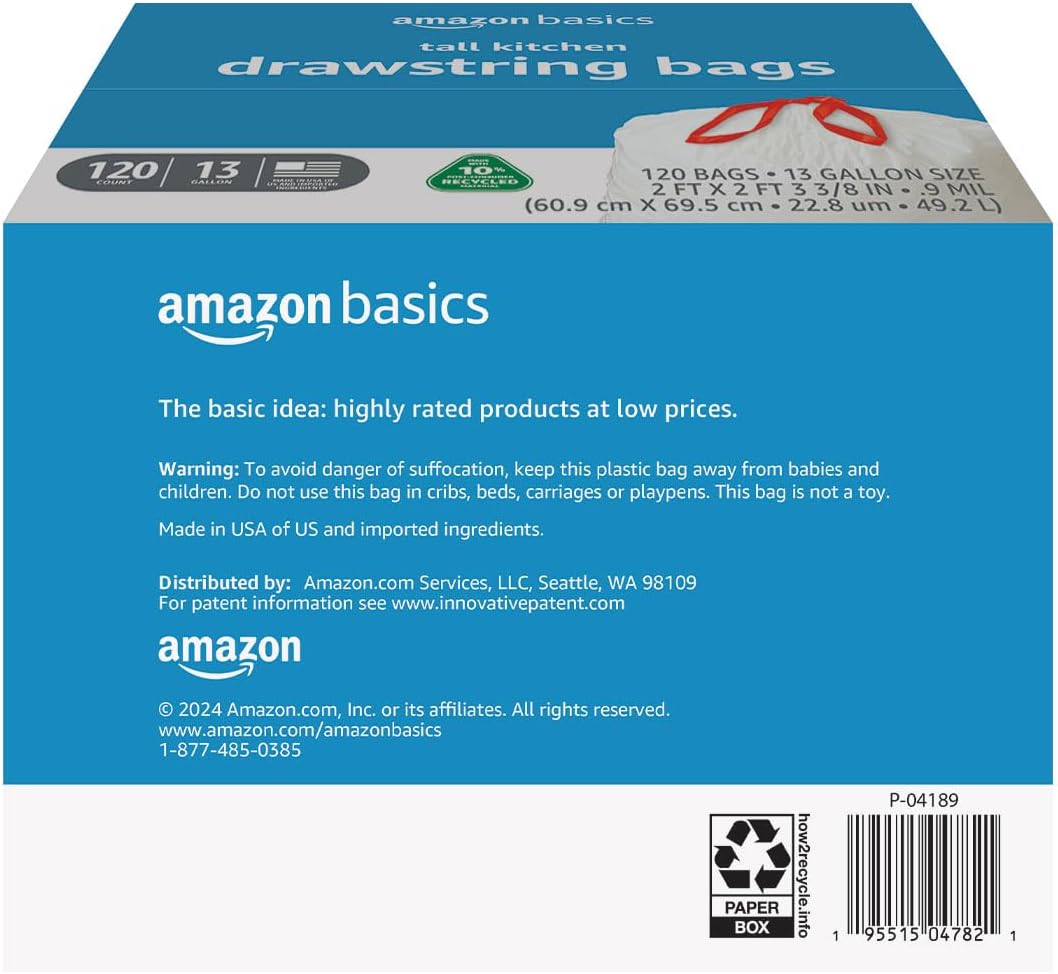 Amazon Basics 13 Gallon Tall Kitchen Drawstring Trash Bags, Unscented, 10% Post Consumer Recycled, 120 Count